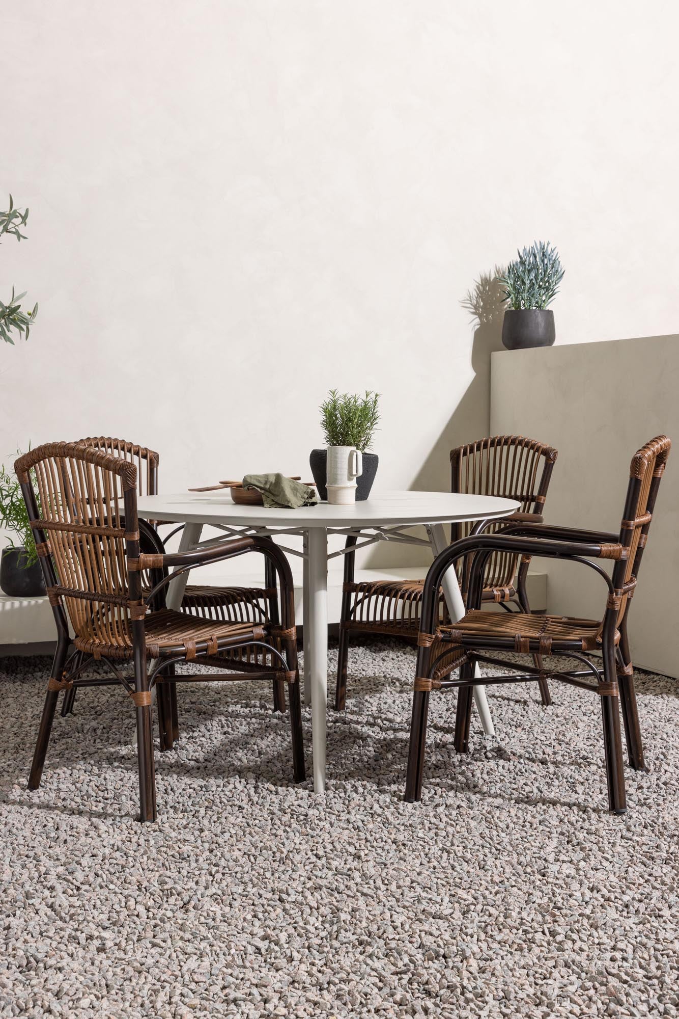Entdecken Sie das elegante Lina Outdoor-Tischset + Galera: runder 120cm Tisch und 4 stilvolle Stühle, perfekt für entspannte Abende im Freien.
