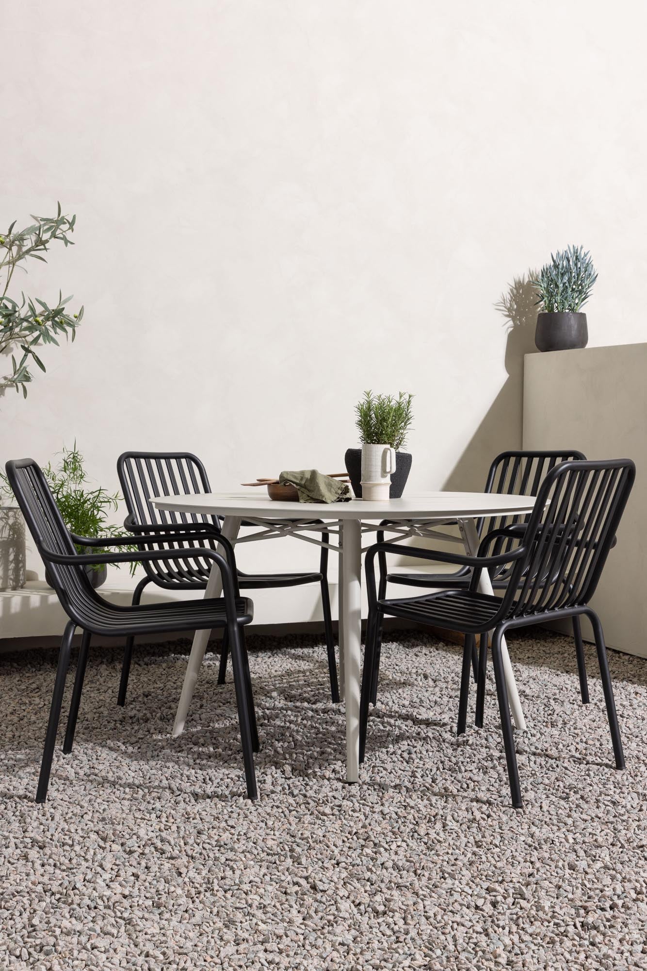 Elegantes Lina Tischset mit 4 Peking Stühlen, ideal für draussen.