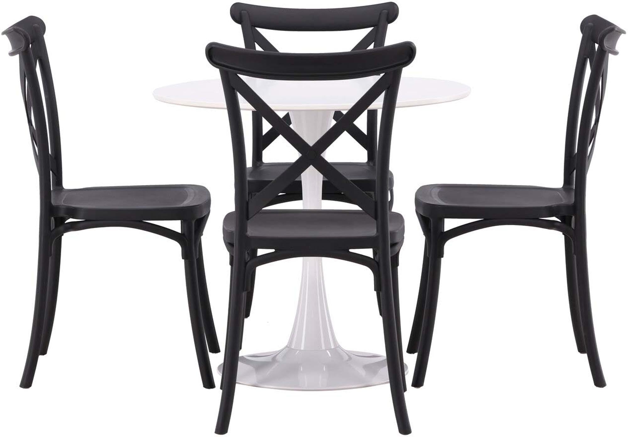 Modernes Esszimmerset mit 80cm Tisch und 4 Crosett-Stühlen. Weiss-schwarz, pflegeleicht, ideal für stilvolle Räume.