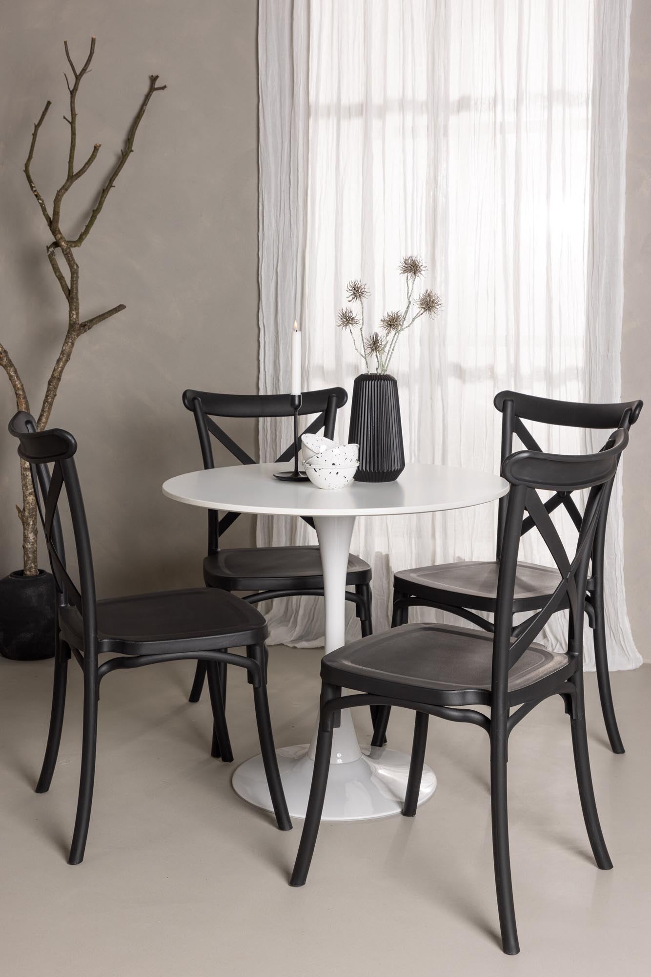 Elegantes Esszimmerset mit 80 cm Tisch und 4 Crosett-Stühlen. Pflegeleicht, modern und perfekt für gesellige Anlässe in jedem Zuhause.