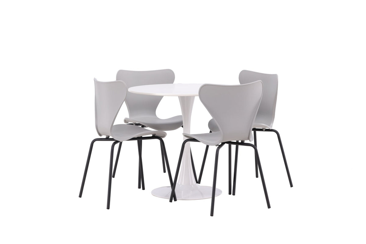 Rundes Esszimmerset mit weisser MDF-Tischplatte auf Stahlbeinen und vier hellgrauen Stühlen aus MDF und Stahl, skandinavisches Design.
