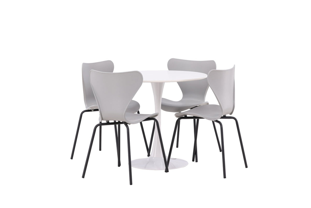 Rundes Esszimmerset mit weisser MDF-Tischplatte auf Stahlbeinen und vier hellgrauen Stühlen aus MDF und Stahl, skandinavisches Design.