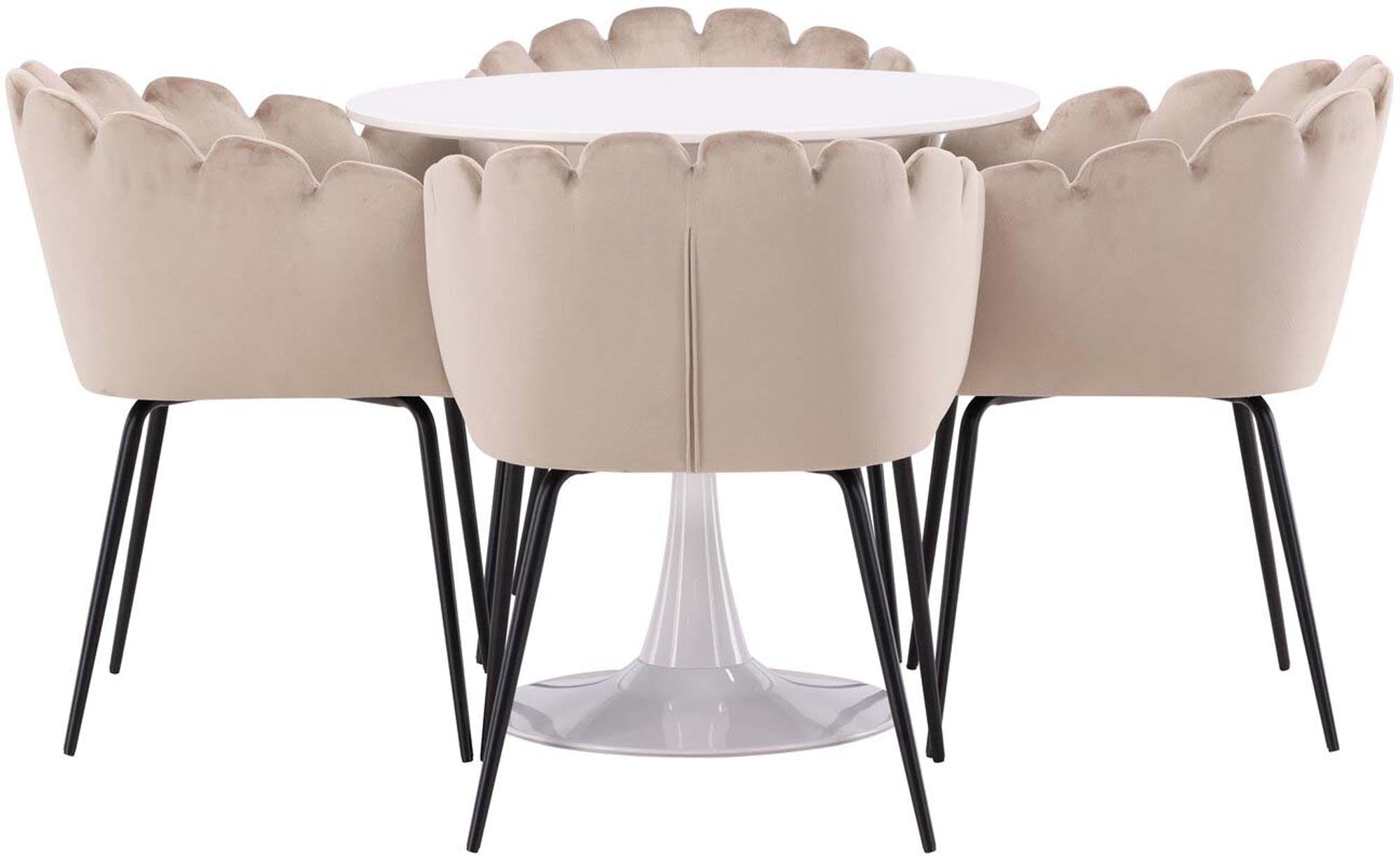 Entdecken Sie das Hamden Esszimmerset + Limhamn von Venture Home: eleganter Tisch ⌀80cm und 4 bequeme Stühle für stilvolle Esszimmer.