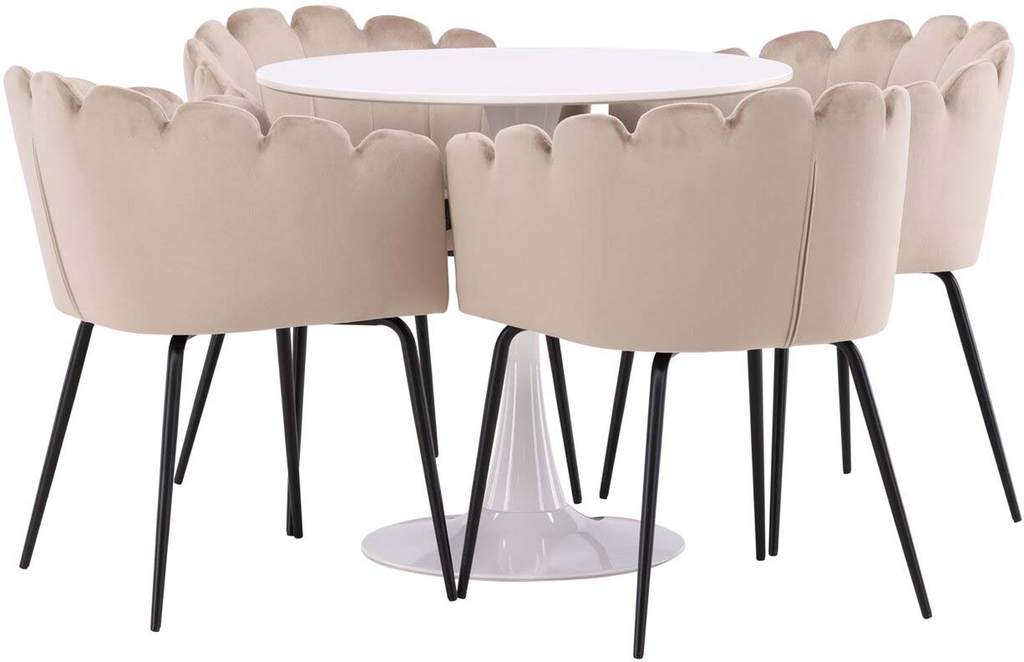 Elegantes Esszimmerset Hamden + Limhamn mit 80 cm Tisch und 4 beigen Stühlen. Ideal für gemütliche Abende und stilvolle Essenszeiten.