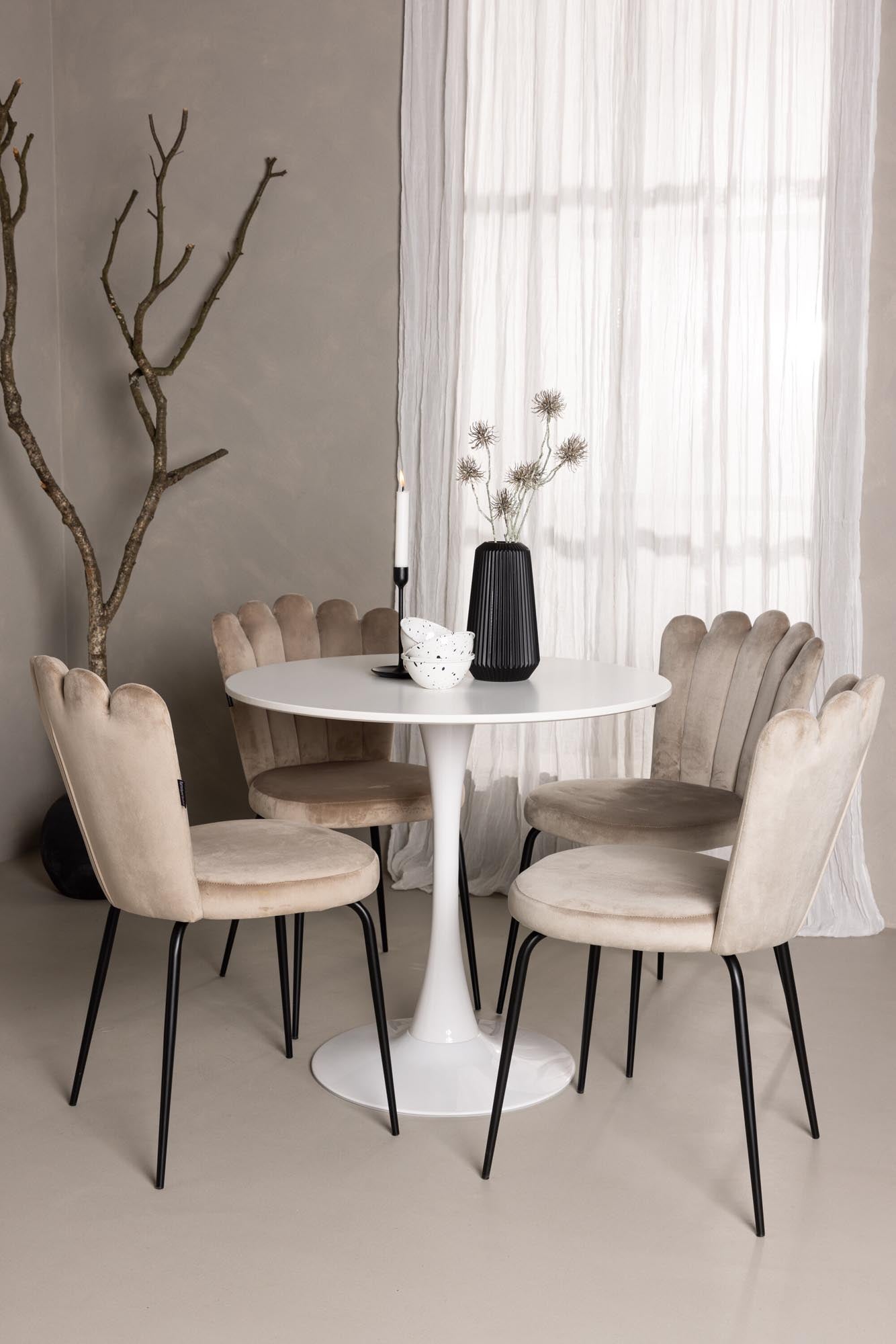 Elegantes Esszimmerset: Runder Hamden-Tisch & 4 Limhamn-Stühle in Beigeton, vereinen Stil & Komfort für unvergessliche Momente.