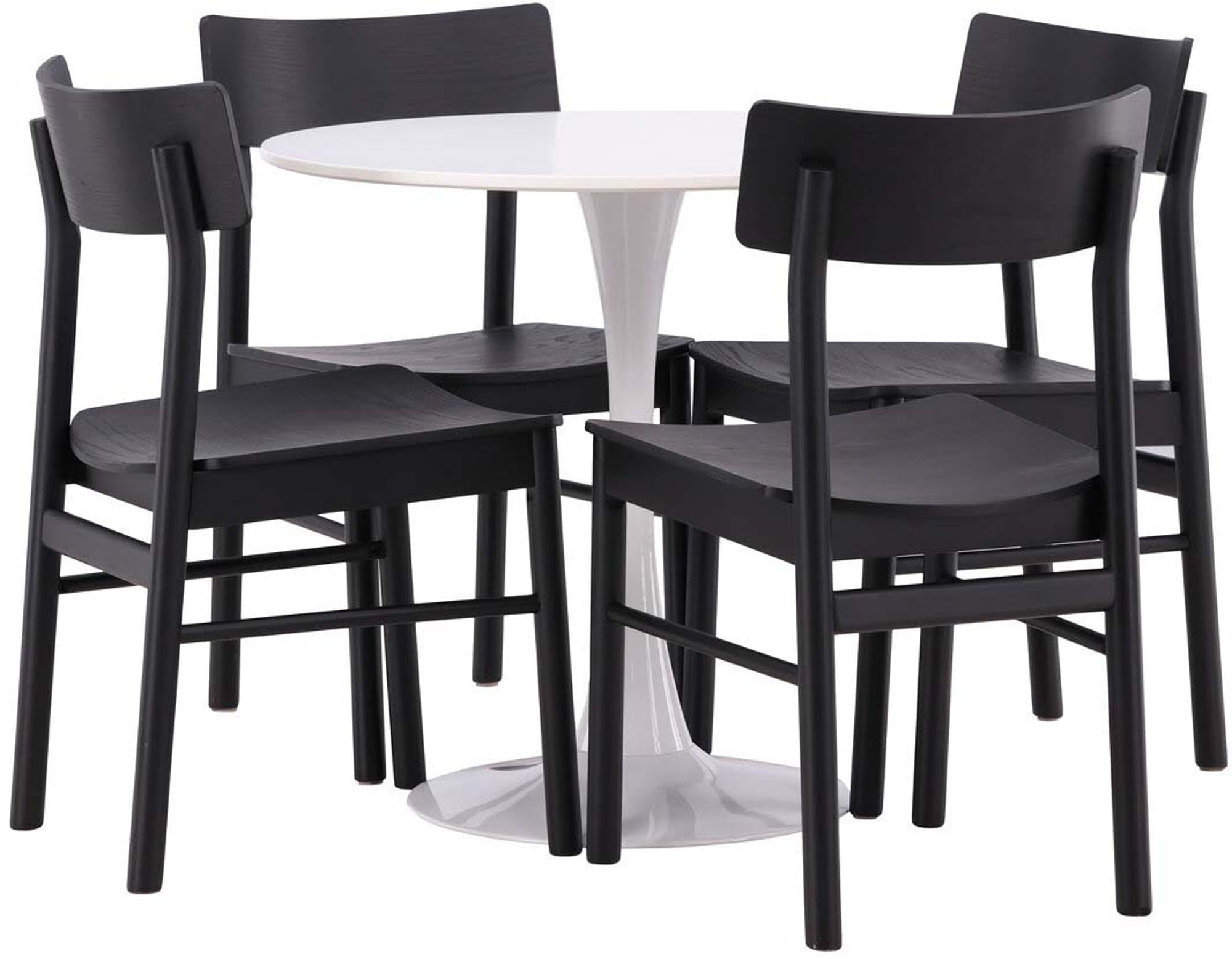 Elegantes Hamden Esszimmerset mit 80 cm rundem Tisch und 4 stilvollen Montros-Stühlen aus Gummibaumholz für gesellige Abende.