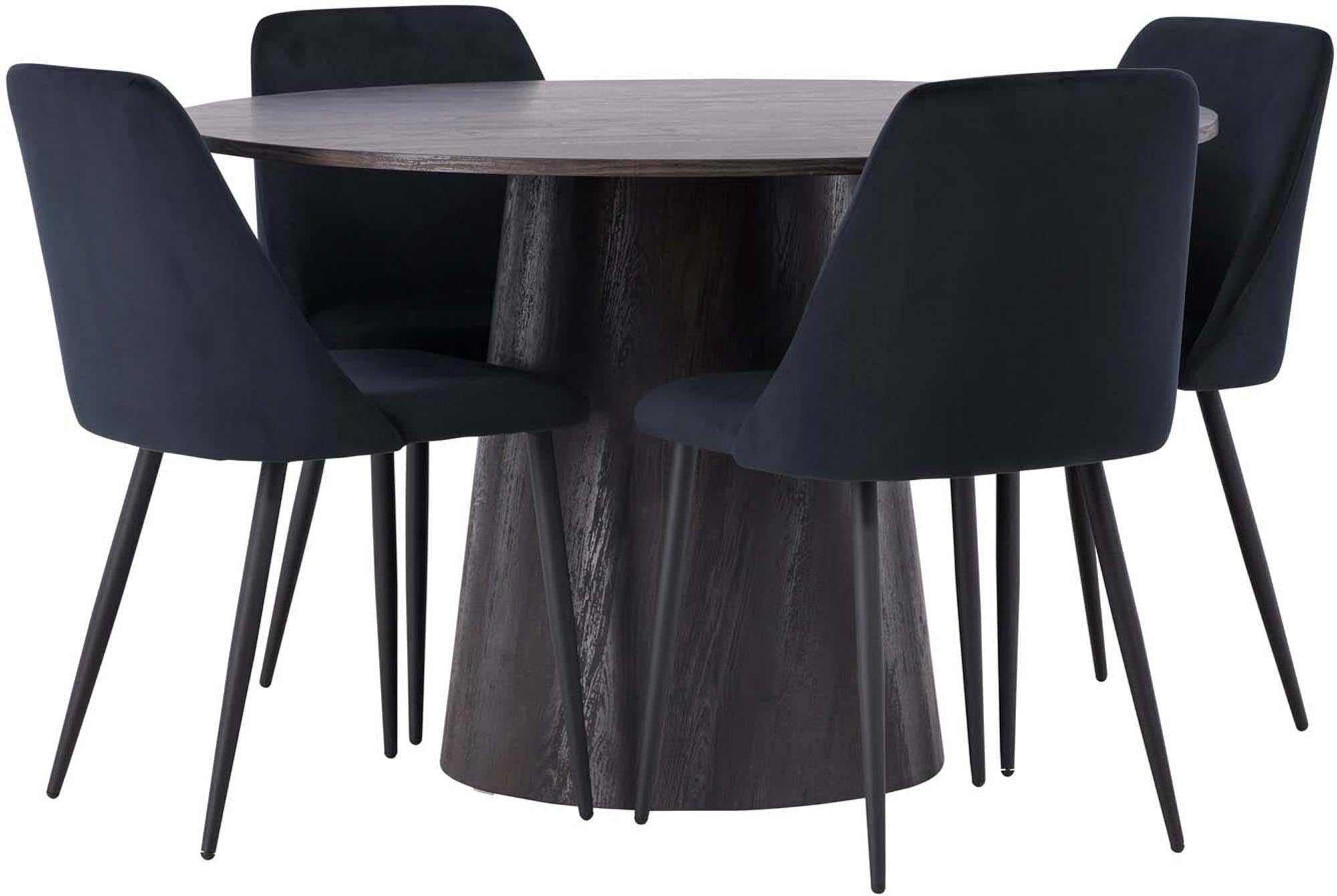 Erleben Sie das Lanzo Esszimmerset + Night: Eleganter runder Tisch aus MDF und komfortable Samtstühle für gesellige Abende in stilvollem Ambiente.