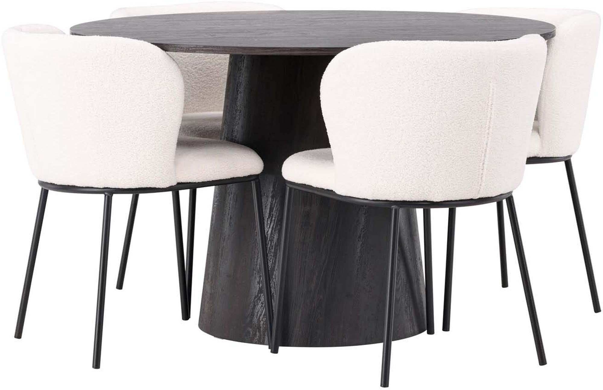 Modernes Esszimmerset mit runden Tisch und eleganten Stühlen für gesellige Runden. Hochwertige Materialien und zeitloses Design.