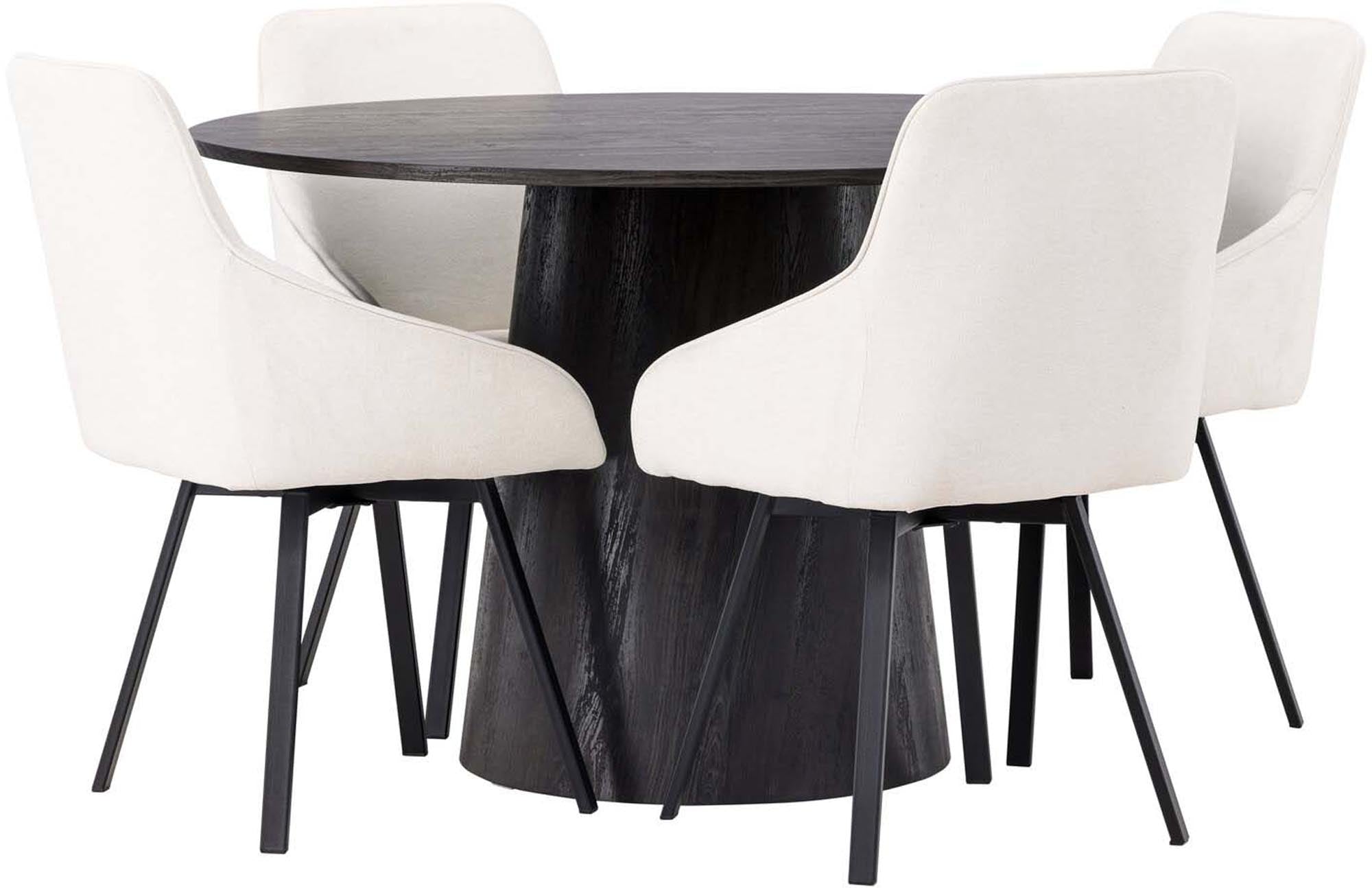 Stilvolles Esszimmerset Lanzo + Rosie: runder Tisch und gepolsterte Stühle für gemütliche Mahlzeiten und besondere Anlässe.