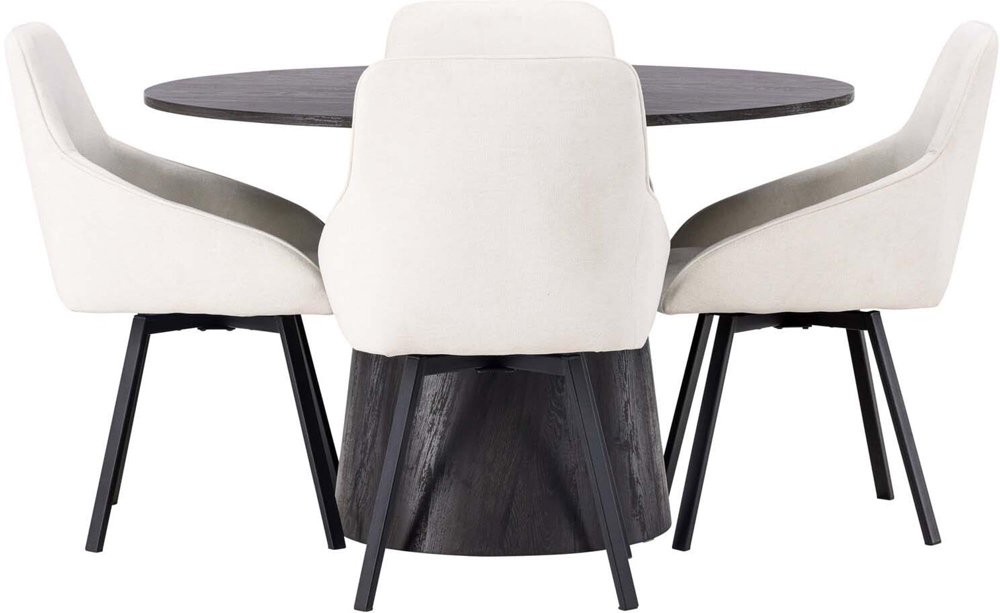 Elegantes Esszimmerset Lanzo + Rosie: runder Tisch mit 120 cm Durchmesser und stilvollen, gepolsterten Stühlen für unvergessliche Momente.