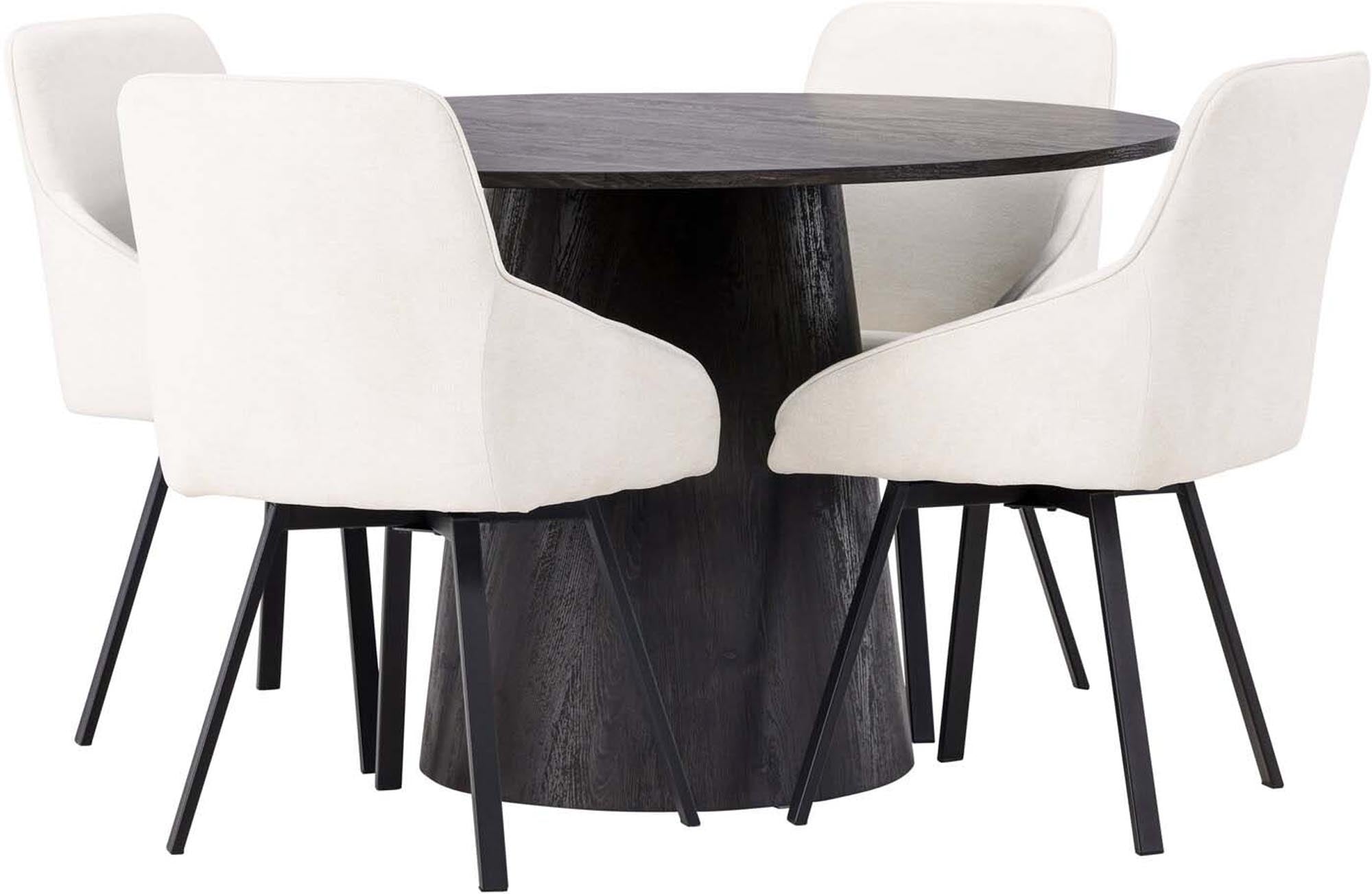 Elegantes Esszimmerset Lanzo + Rosie: Runder 120cm Tisch aus braunem MDF, 4 bequeme Stühle in Beige, ideal für stilvolle Anlässe.