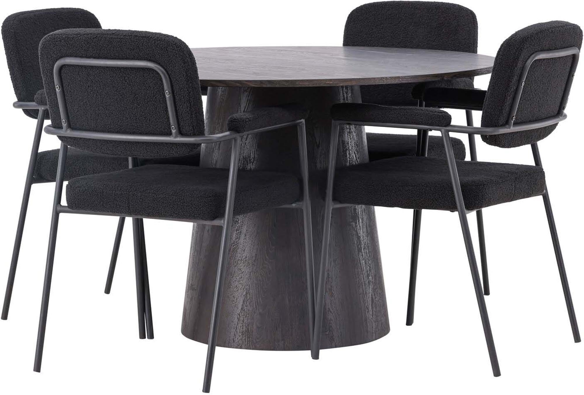 Modernes Esszimmerset: Lanzo Tisch ⌀120cm, MDF & Stahl, mit 4 Yesterday Stühlen, Bouclé-Stoff, für stilvolle Runden.