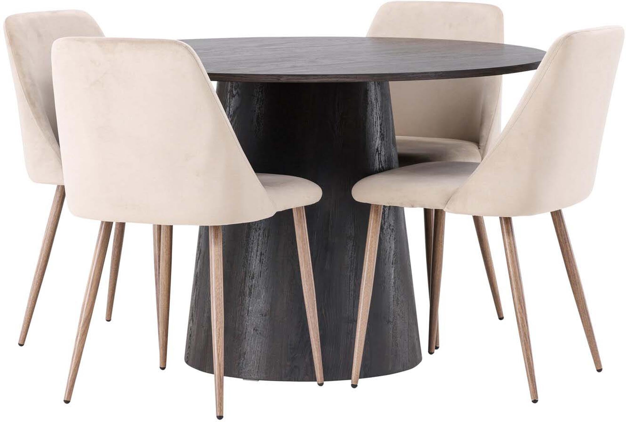 Stilvolles Lanzo Esszimmerset mit 120 cm Tisch und gepolsterten Samtstühlen, ideal für gemütliche Familienessen und elegante Anlässe.