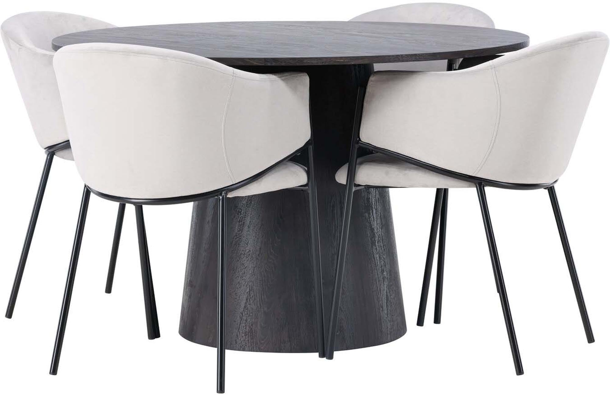 Elegantes Lanzo Esszimmerset mit rundem 120cm Tisch aus braunem MDF und 4 komfortablen Evelina Stühlen in hellgrauem Samt.