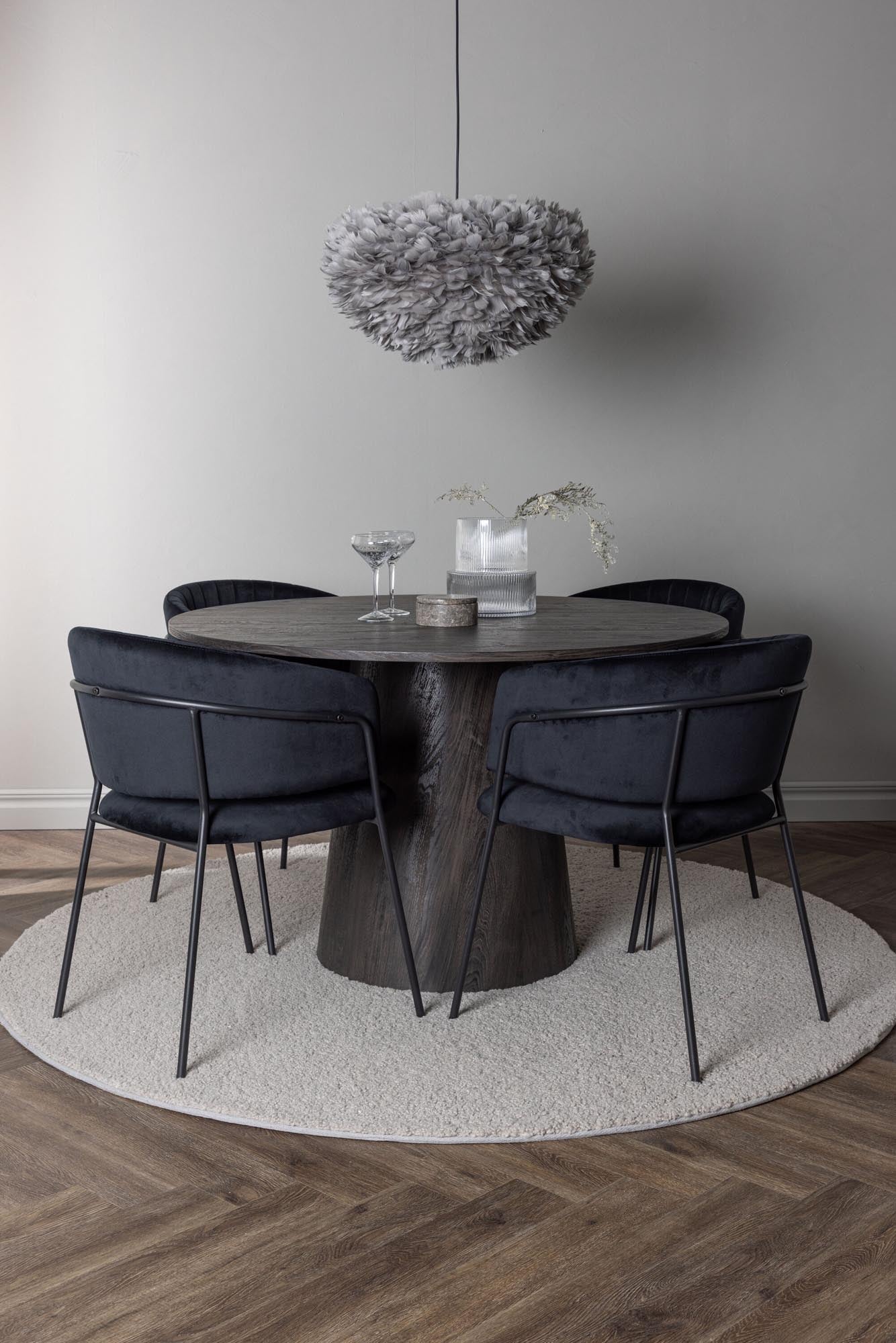 Elegantes Esszimmerset: Runder Tisch (⌀120cm) aus braunem MDF, 4 gepolsterte Samtstühle, stilvoll und komfortabel.