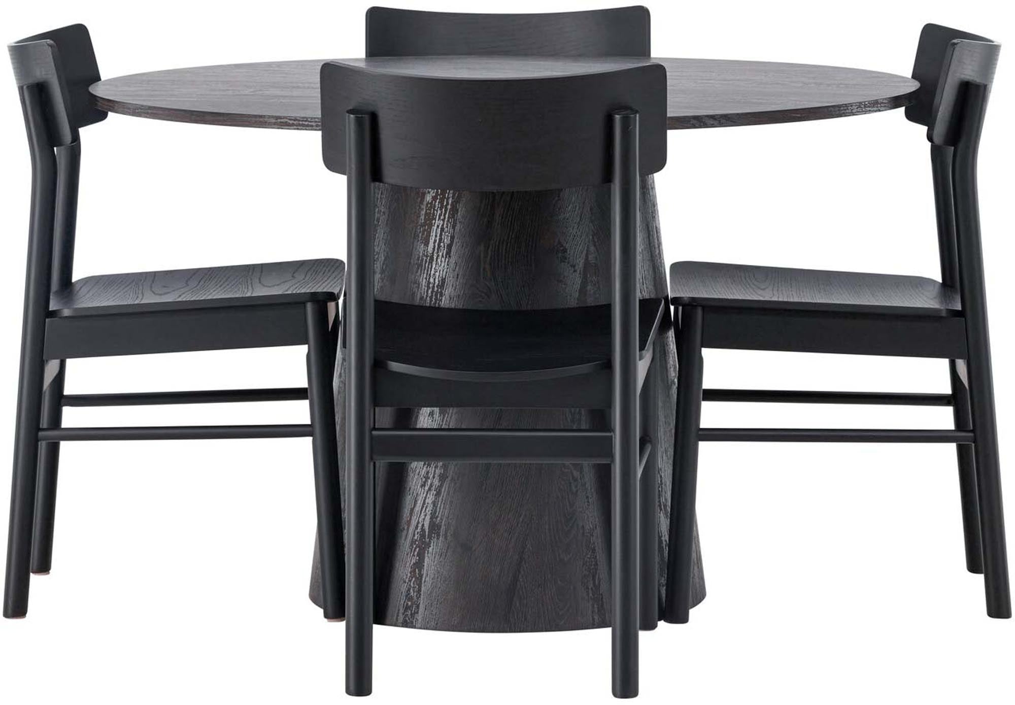 Skandinavisches Esszimmerset Lanzo mit 120 cm Tisch und 4 komfortablen Montros-Stühlen. Ideal für stilvolle Esszimmer und unvergessliche Momente.