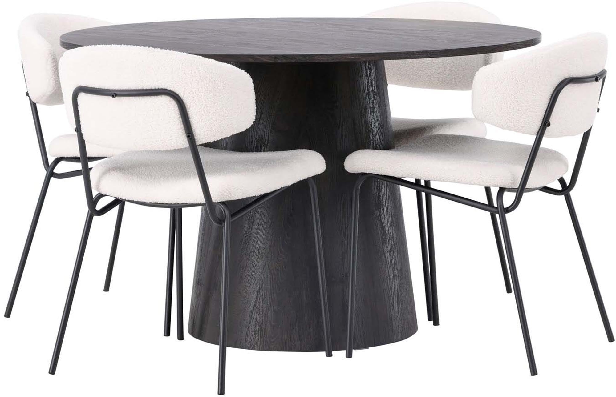 Entdecken Sie das Lanzo Esszimmerset + Chico: Stilvoller runder Tisch und komfortable Stühle für einladende Esszimmer-Momente.