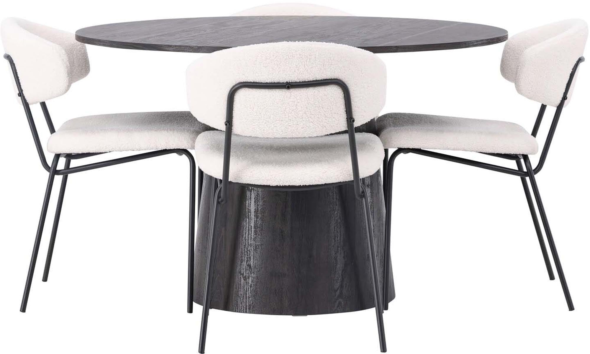 Elegantes Lanzo Esszimmerset: runder Tisch aus braunem MDF, 120cm, mit 4 komfortablen Chico-Stühlen in weissem Bouclé.