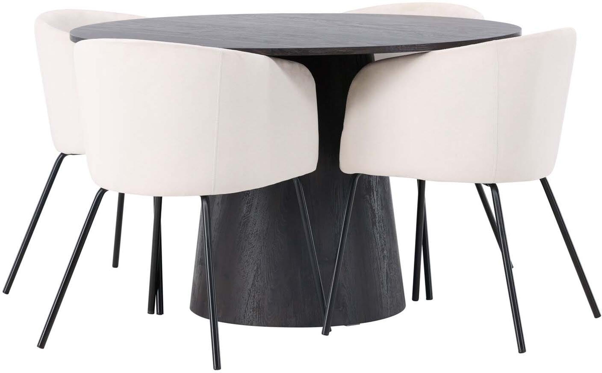 Elegantes Esszimmerset: Runder Tisch aus braunem MDF, 120cm, mit bequemen, beigen Samtstühlen. Stilvoll und komfortabel.