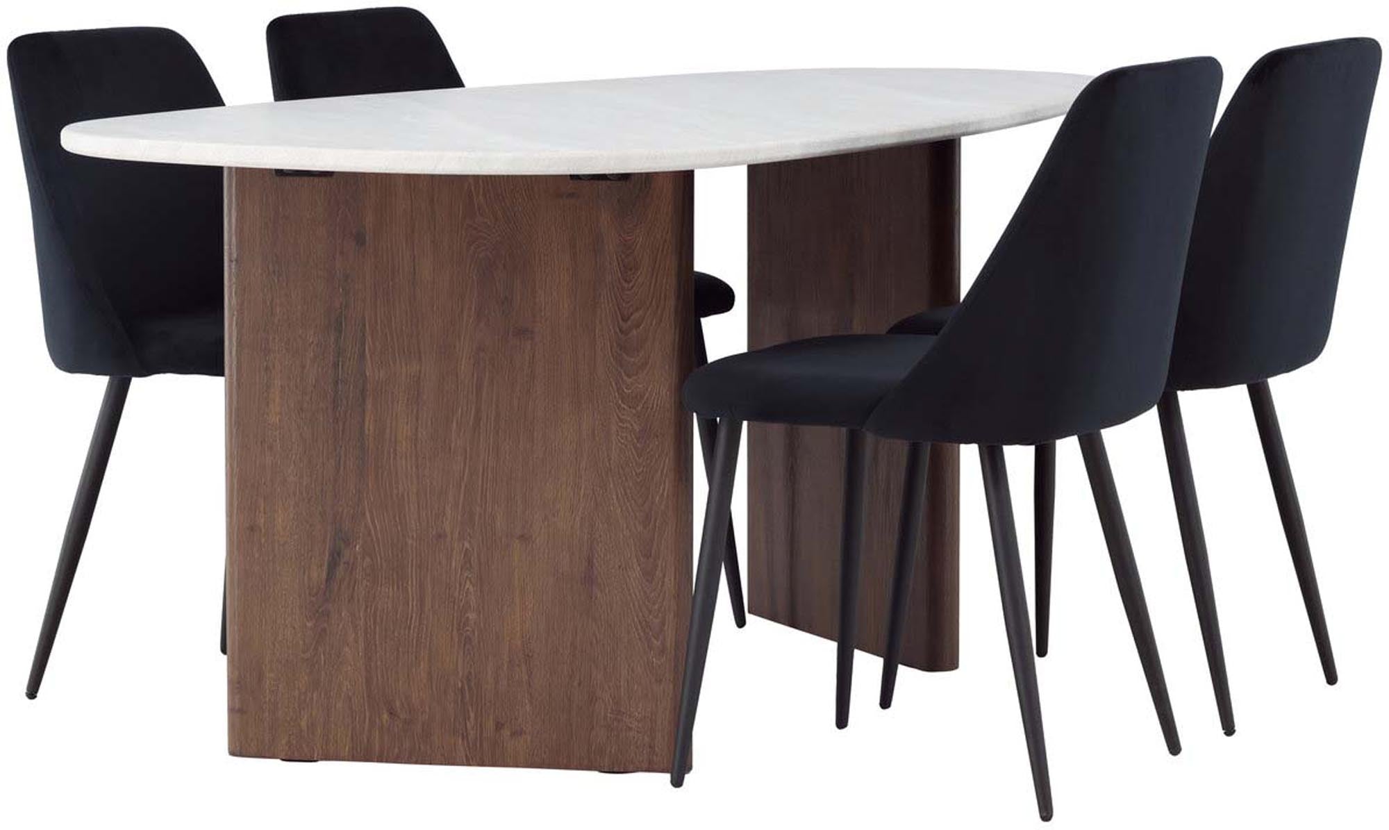 Grönvik Esszimmerset: Skandinavische Eleganz mit ovalem Tisch und luxuriösen Samtstühlen für unvergessliche Essmomente.