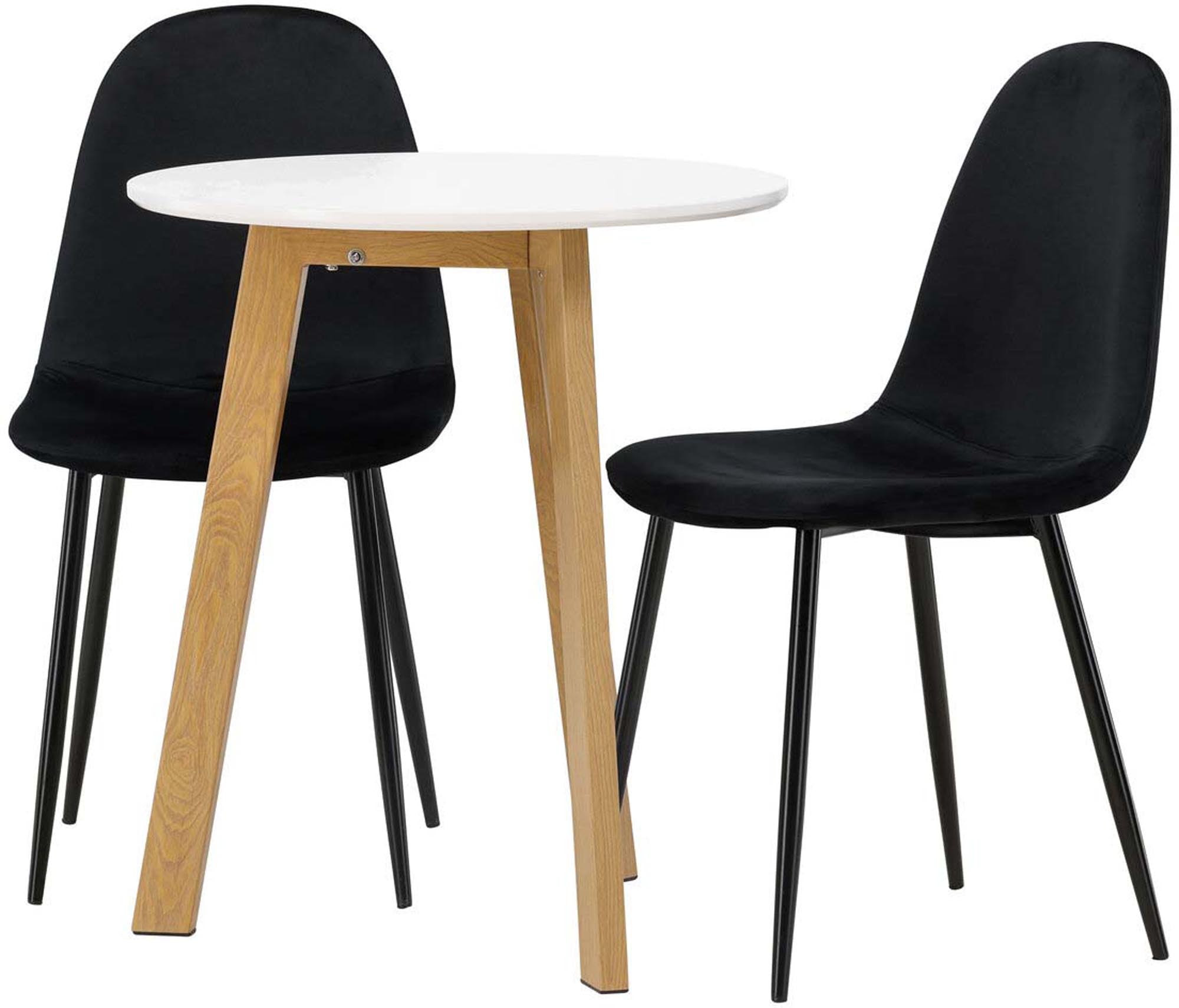 Elegantes Esszimmerset Leonora mit 65 cm Tisch und 2 komfortablen Polar-Stühlen. Ideal für kleine Räume, stilvoll und funktional.