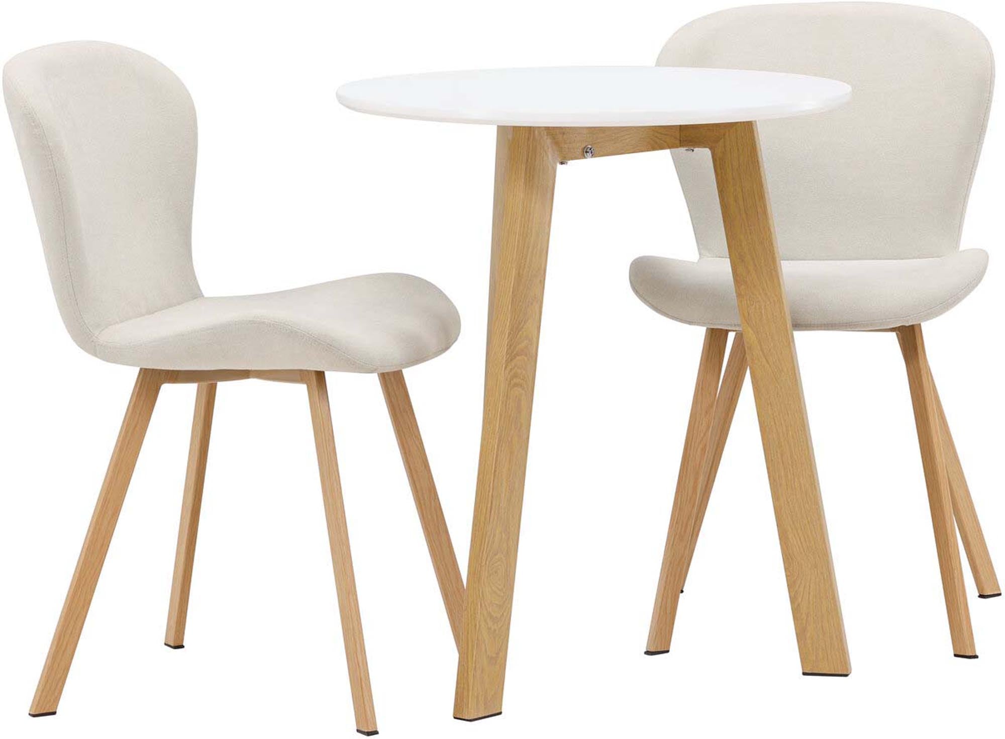 Elegantes Esszimmerset: Runder Tisch Leonora (65cm) mit Eichenoptik und 2 Lilja-Stühlen in modernem Design. Ideal für kleine Räume.