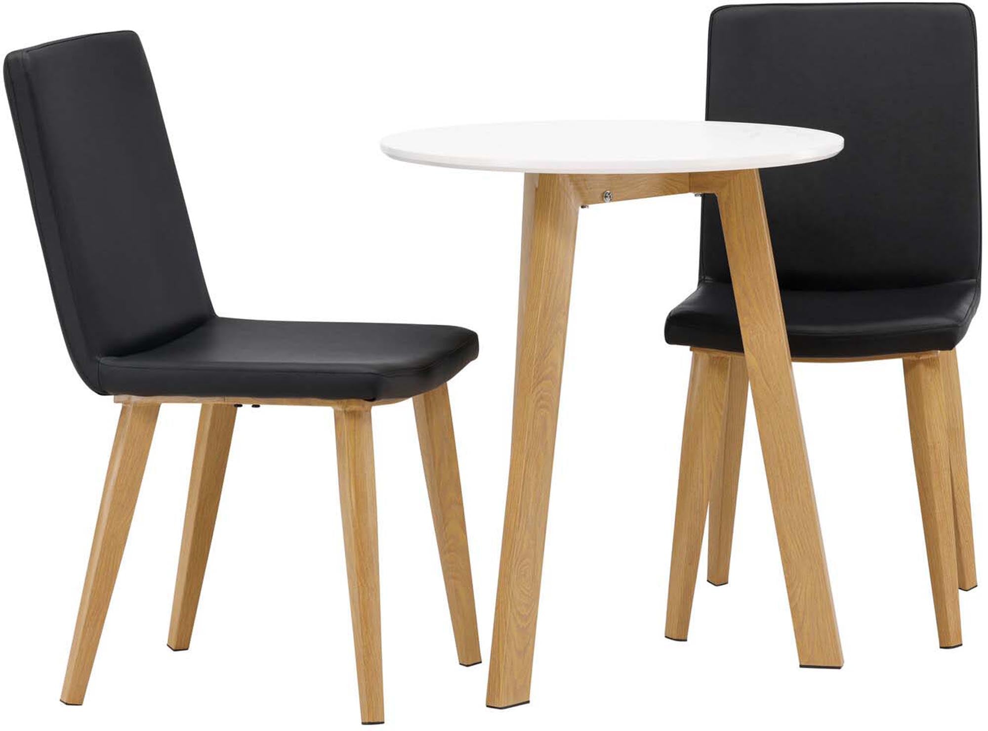 Stilvolles Esszimmerset: Leonora Tisch (65cm) mit weisser MDF-Platte, Eichenoptik-Gestell, Today-Stühle in schwarzem Kunstleder.