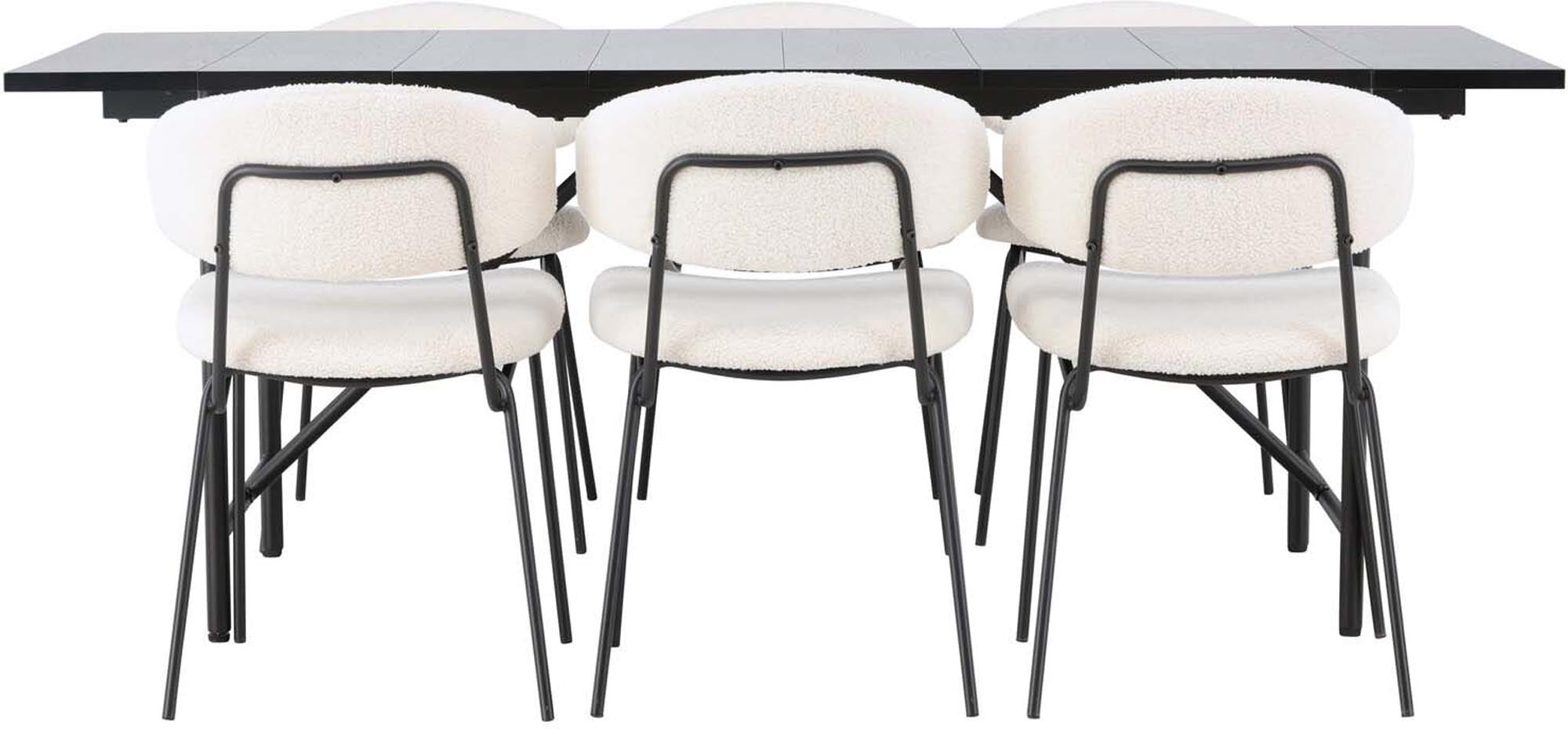 Modernes Esszimmerset "Astrid und Chico" mit 200cm Tisch, mattschwarzer MDF-Platte und 6 bequemen Bouclé-Stühlen.