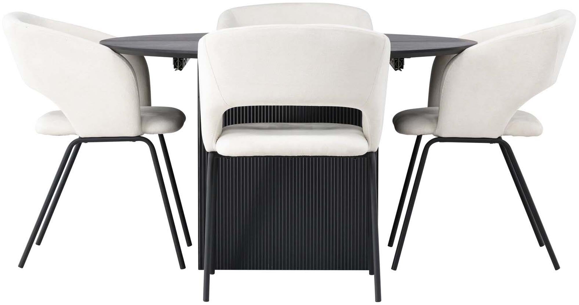 Stilvolles Matilda Esszimmerset mit runder Tischplatte und bequemen Stühlen, ideal für festliche Anlässe und Familienessen. Ausziehbar auf ovale Form.