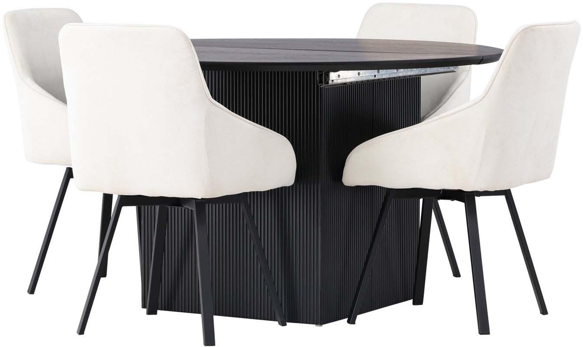 Entdecken Sie das Matilda Esszimmerset mit Rosie: Ausziehbarer Tisch und stilvolle Stühle im skandinavischen Design für gemütliche Abende.