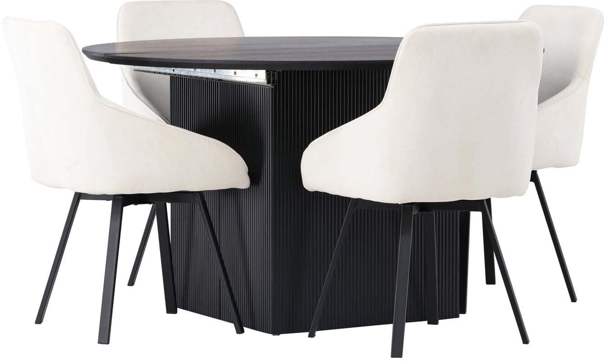 Erleben Sie das Matilda Esszimmerset + Rosie: Eleganter, ausziehbarer Tisch und bequeme Stühle im skandinavischen Stil für gesellige Momente.