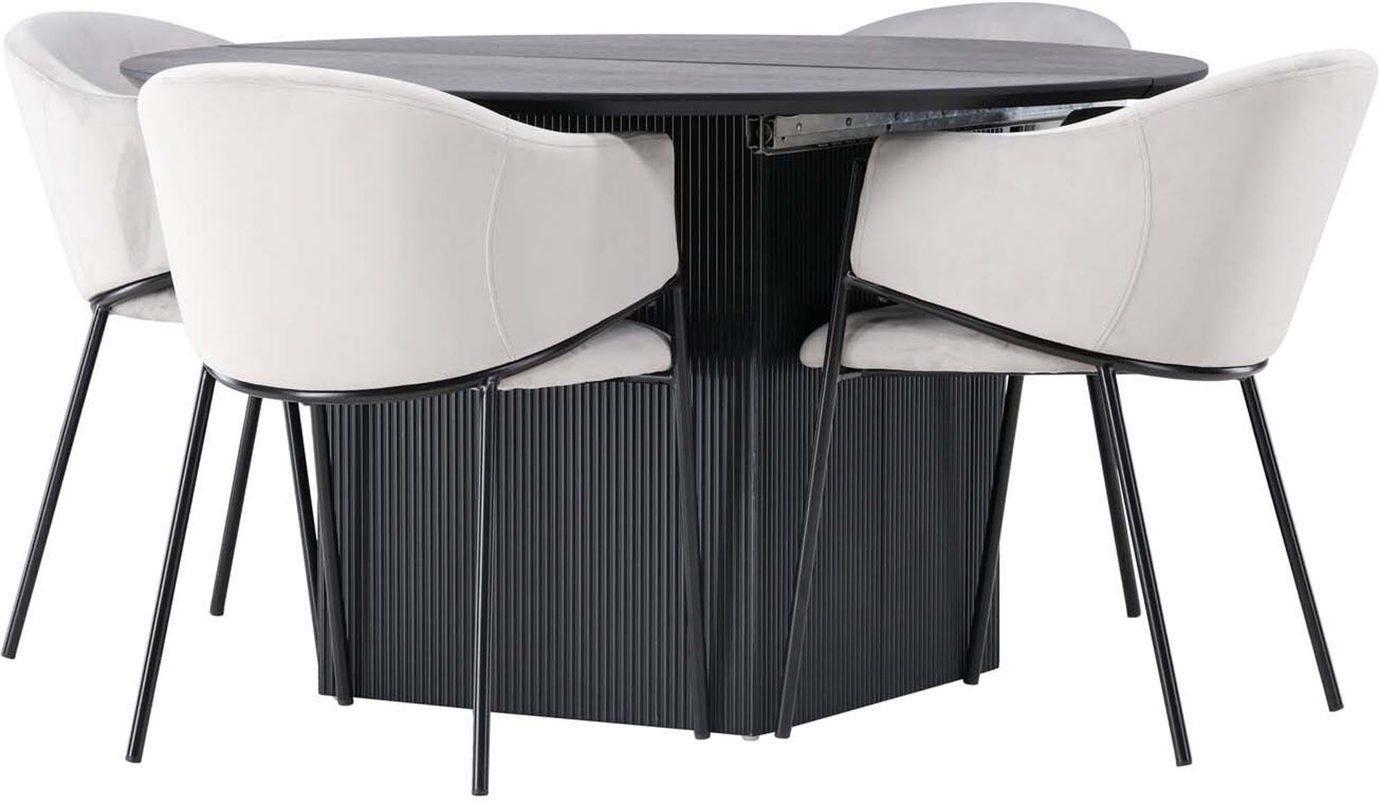 Stilvolles Matilda Esszimmerset mit runden, ausziehbaren Tisch und 4 gepolsterten Evelina Stühlen in elegantem Hellgrau – perfekt für jedes Dinner.