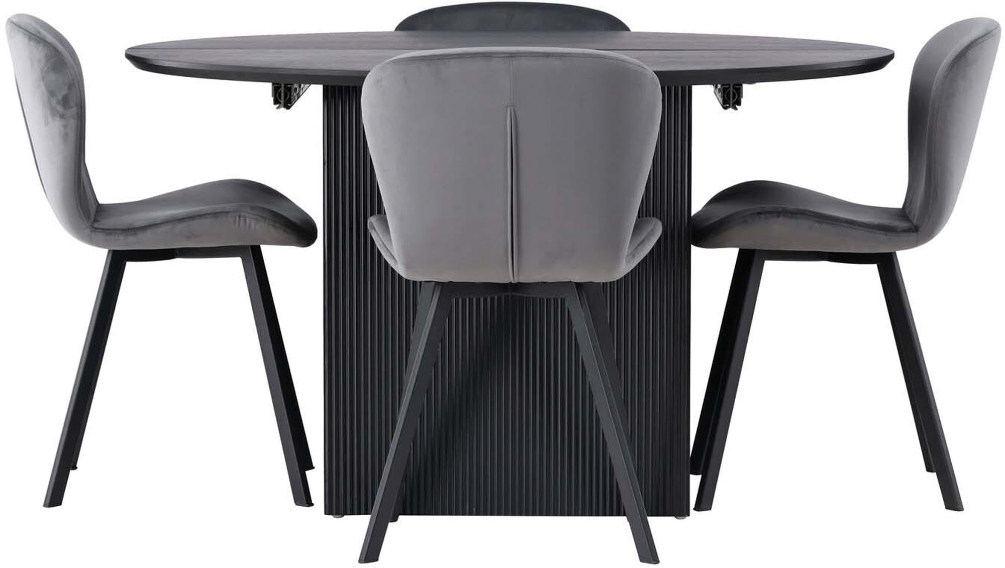 Elegantes Matilda Esszimmerset mit ausziehbarem Tisch (130 cm) und 4 bequemen Lilja-Stühlen für gesellige Abende und modernen Wohnstil.