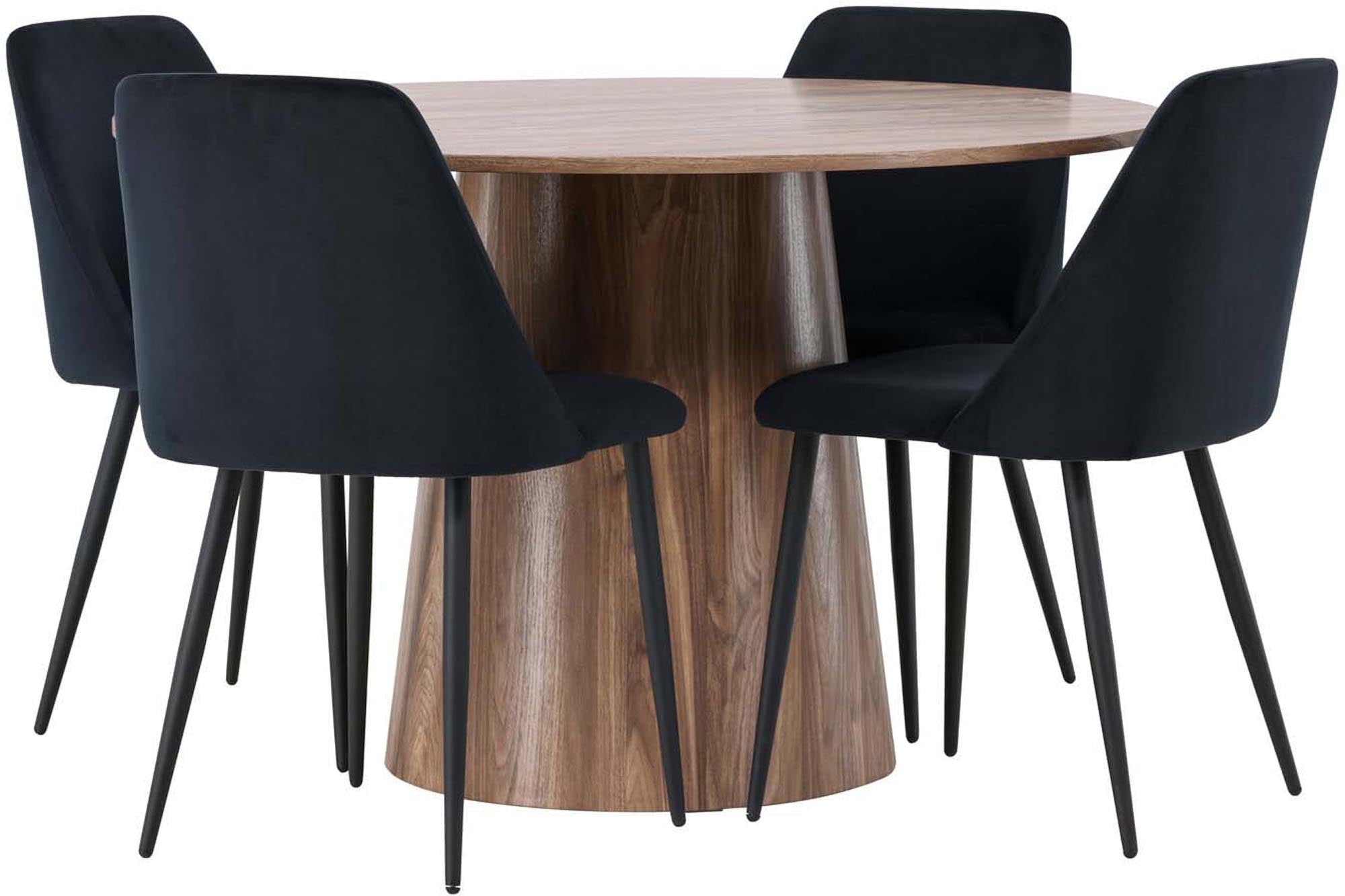 Elegantes Lanzo Esszimmerset mit 120 cm Tisch und gepolsterten Samtstühlen. Perfekt für stilvolle Esszimmer und gesellige Runden.