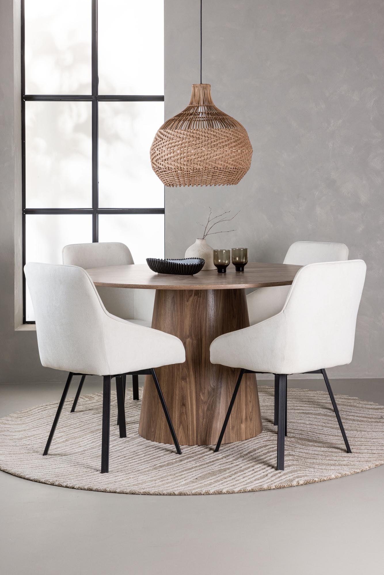 Stilvolles Esszimmerset Lanzo + Rosie: runder Tisch und bequeme Stühle für unvergessliche gemeinsame Stunden. Ideal für jedes Zuhause!