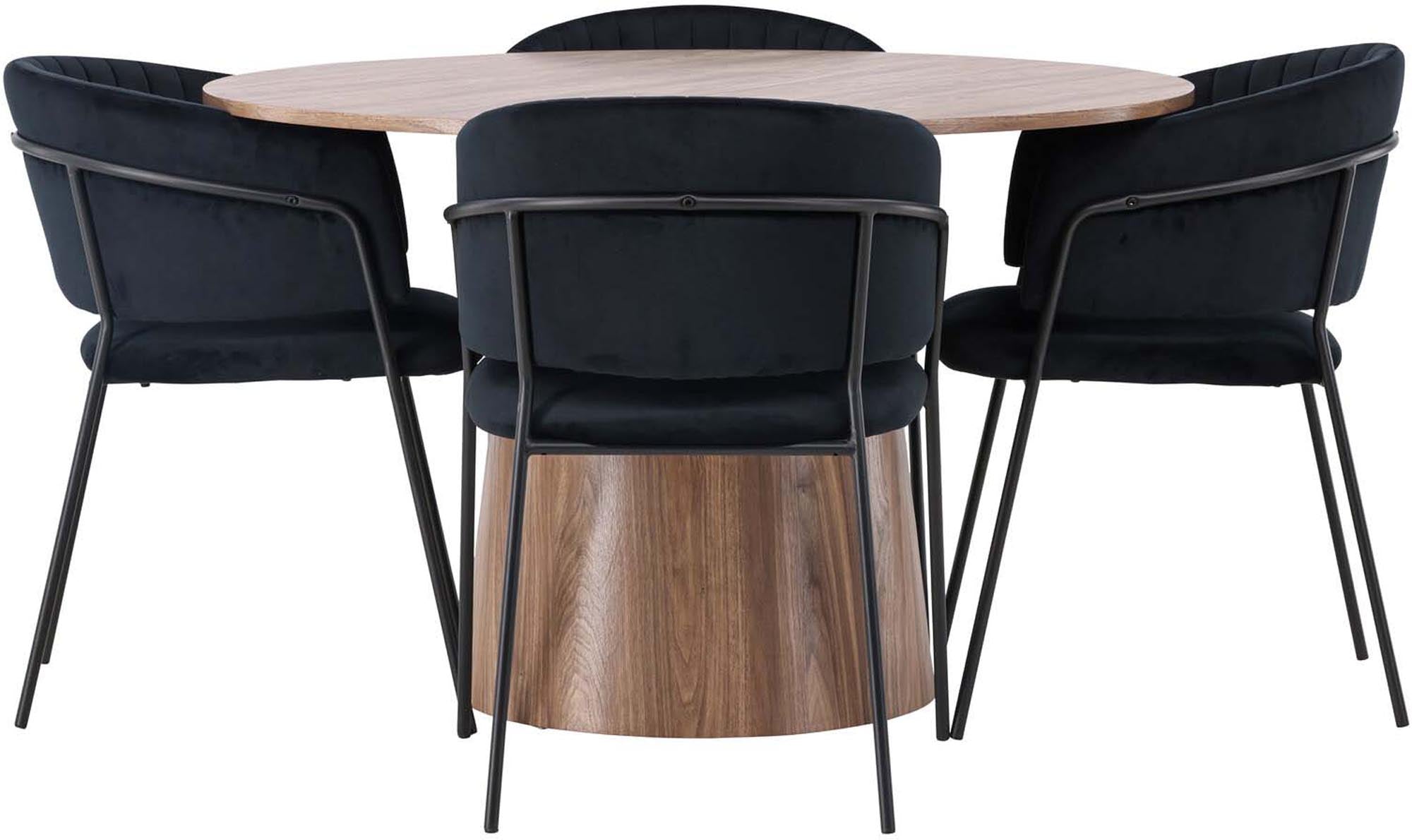 Stilvolles Esszimmerset Lanzo & Selma: Runder Tisch und bequeme Stühle für gesellige Abende und moderne Wohnräume.