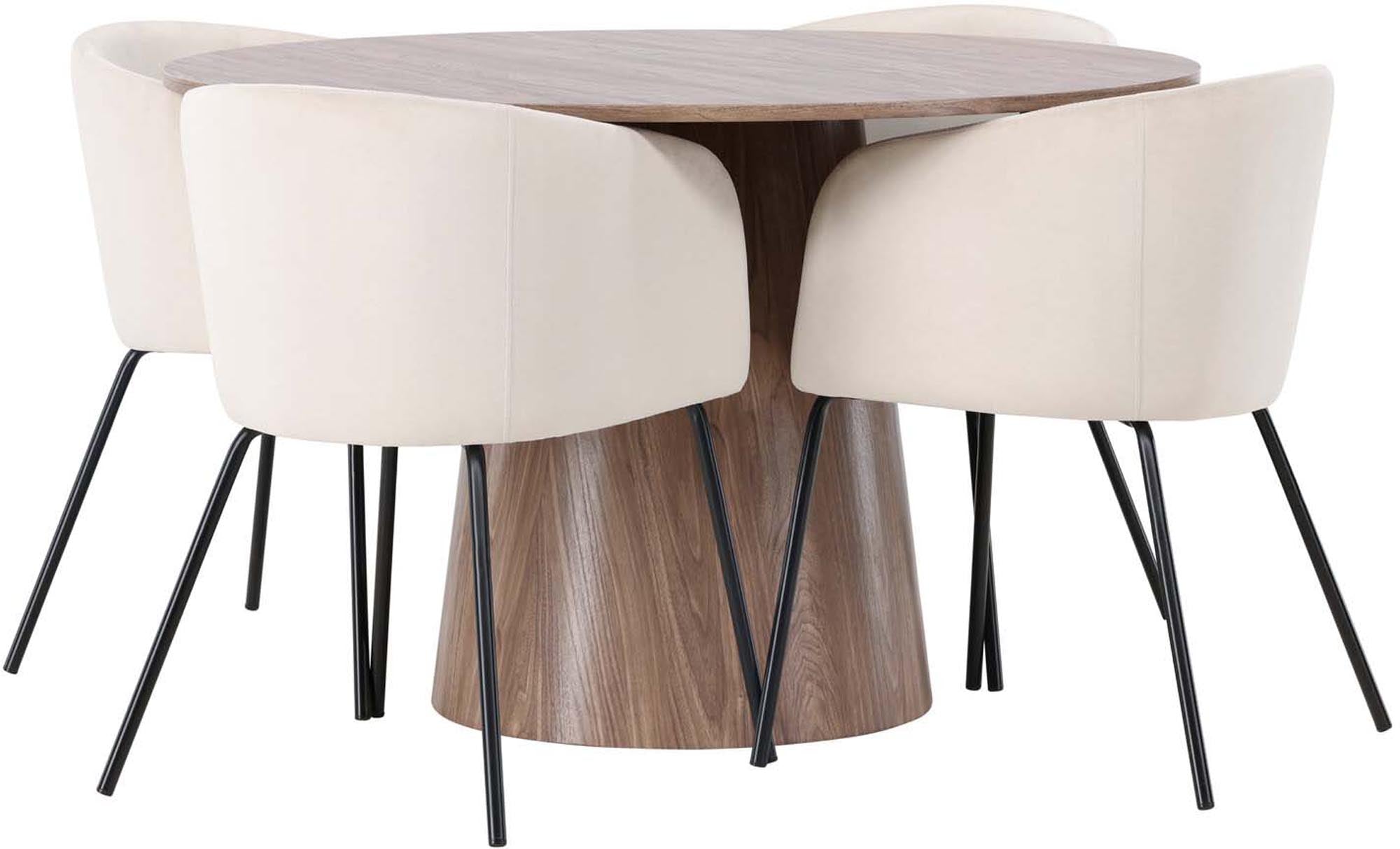 Stilvolles Esszimmerset von Venture Home: Runder 120 cm Tisch aus hochwertigem MDF, ergänzt durch 4 gepolsterte Berit Stühle in luxuriösem Samt. Perfekt für elegante Esszimmer.