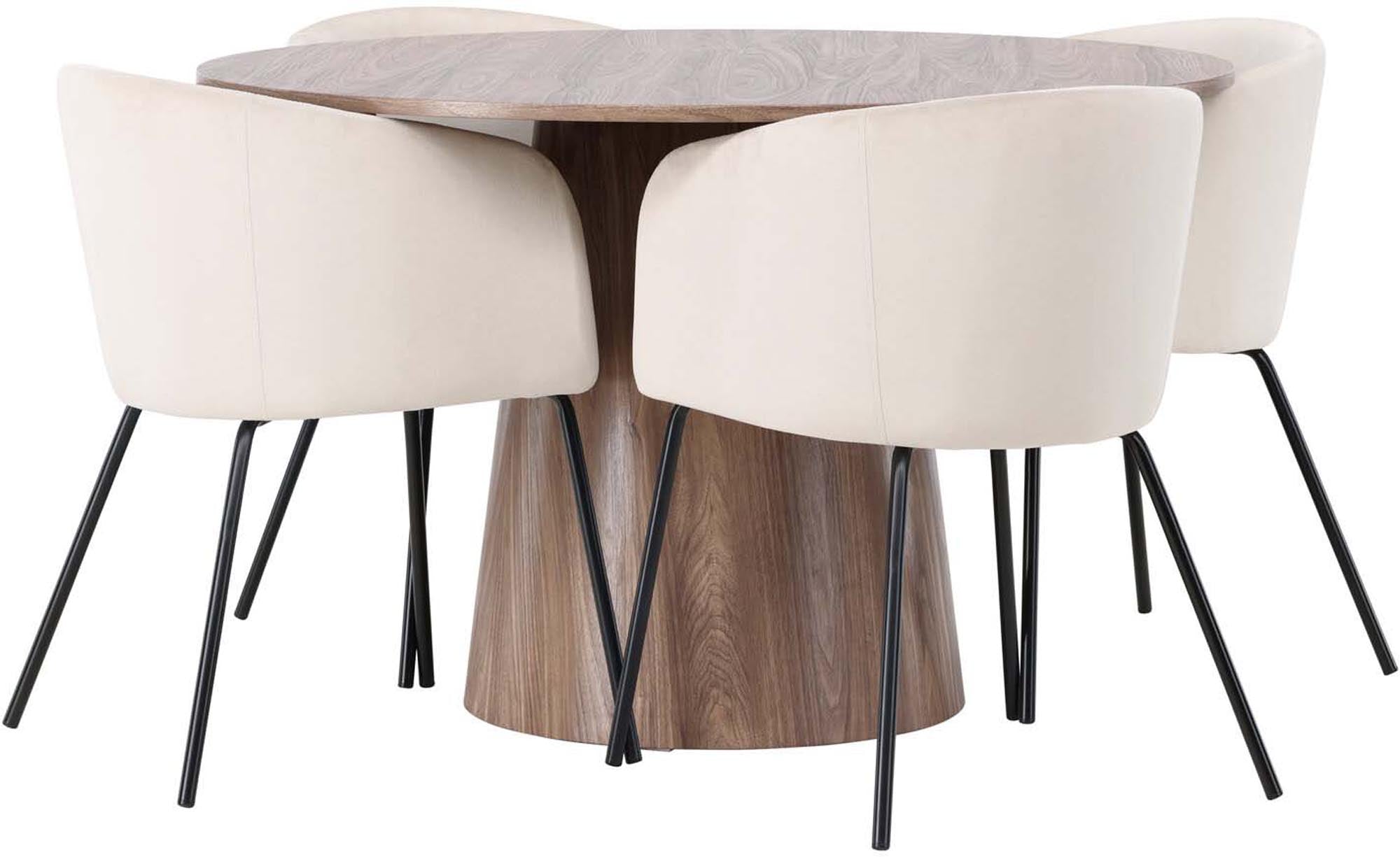 Elegantes Esszimmerset von Venture Home: Runder 120 cm Tisch aus braunem MDF, kombiniert mit 4 bequemen Berit Stühlen in edlem Samt. Ideal für stilvolle Essbereiche.