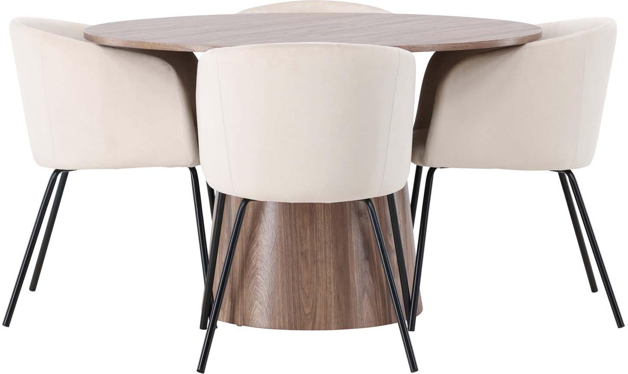 Stilvolles Esszimmerset von Venture Home: Runder 120 cm Tisch aus hochwertigem MDF, ergänzt durch 4 luxuriöse Berit Stühle in beigem Samt. Perfekt für elegante Esszimmer.