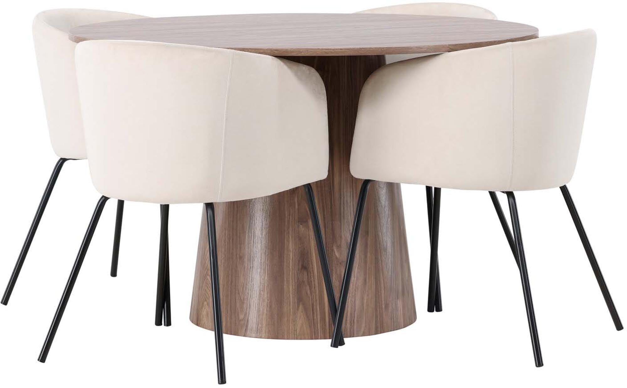 Stilvolles Lanzo Esszimmerset: Runder Tisch mit 4 Berit Stühlen.