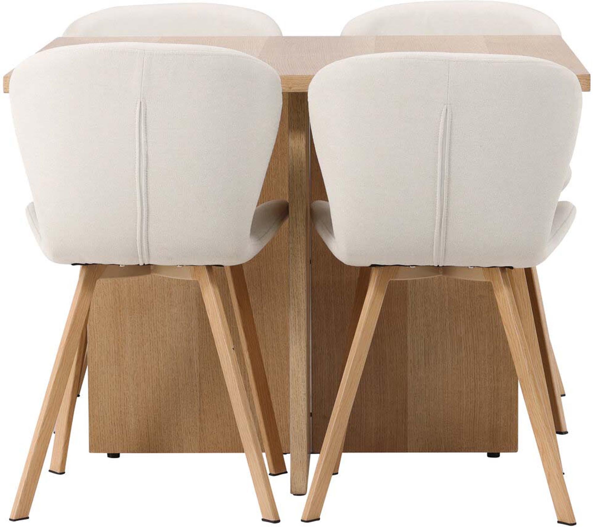 Stilvolles Leo Esszimmerset: Eichenfarbener Tisch, bequeme Lilja Stühle, modernes Design, ideal für kleine Räume.