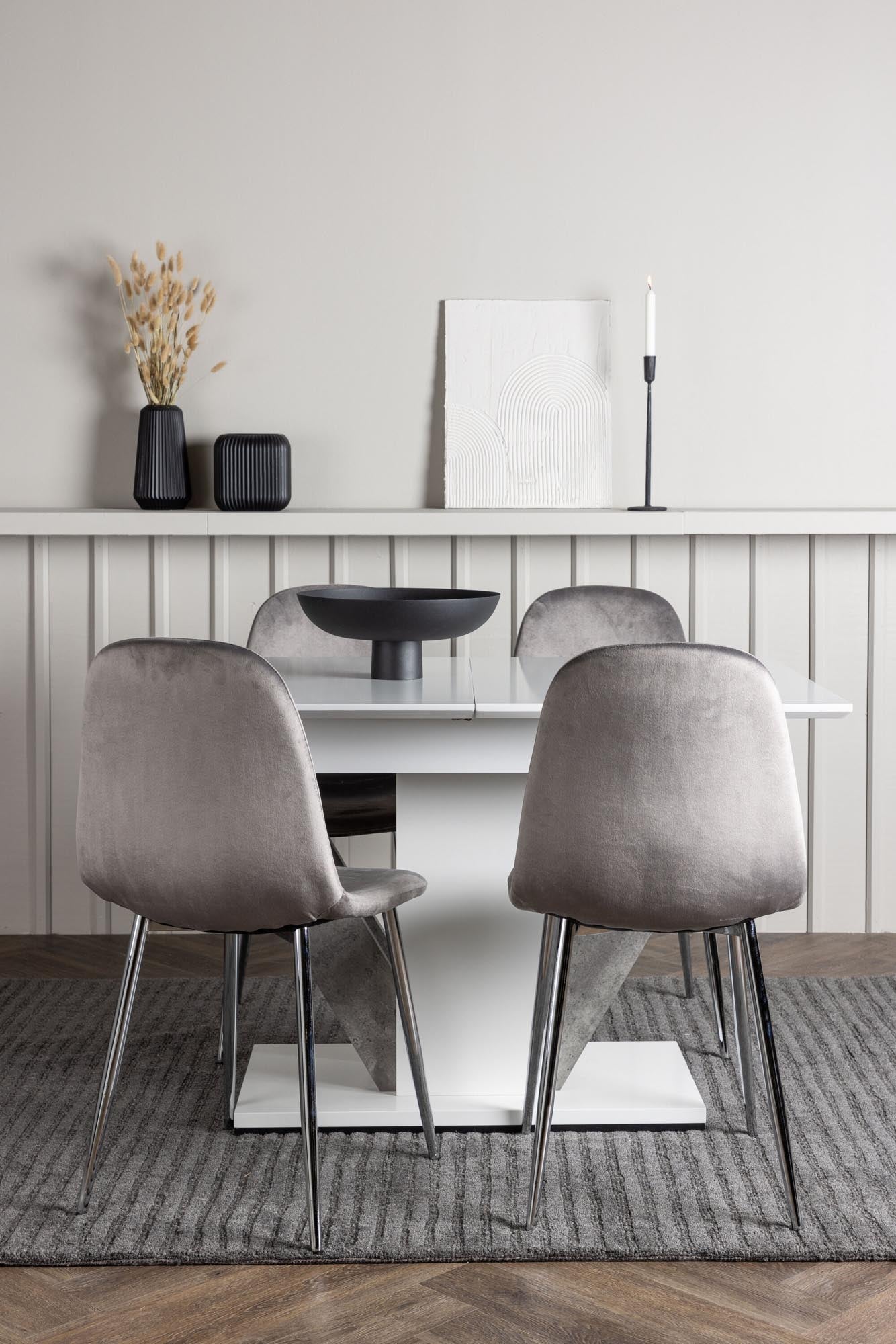 Elegantes Disa Esszimmerset: Ausziehbarer Tisch (120-160cm) & 4 Eva-Stühle, Komfort & Stil in Weiss & Grau.