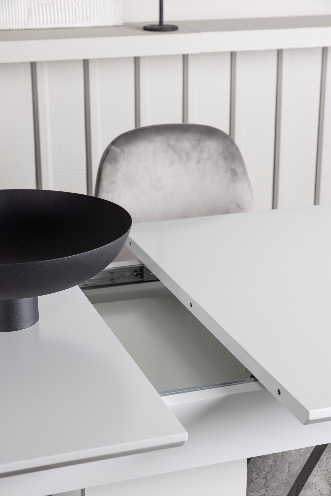 Stilvolles Disa Esszimmerset von Venture Home: Ausziehbarer Tisch (120-160 cm) und 4 bequeme Eva-Stühle in elegantem Hellgrau.