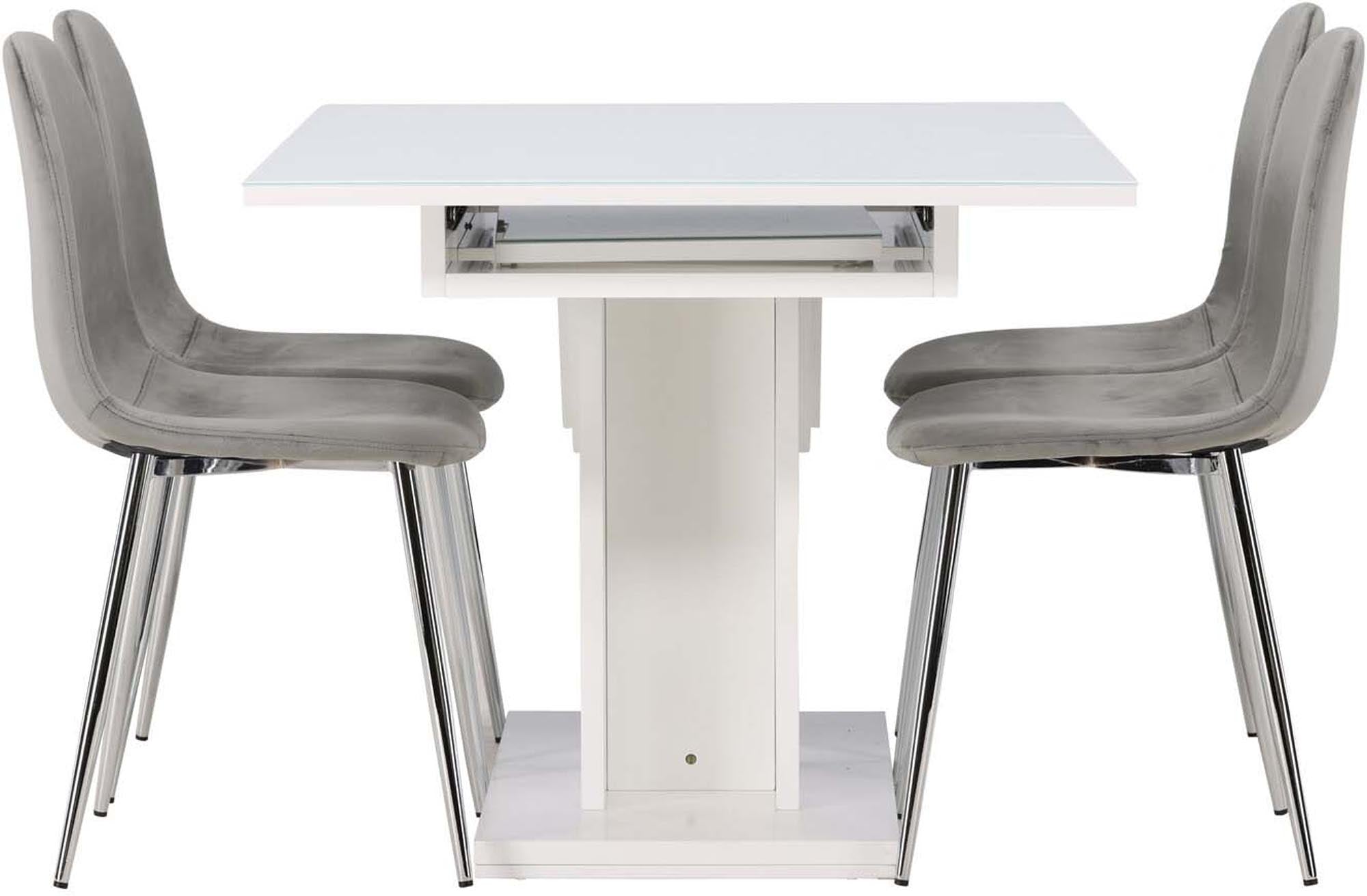 Erleben Sie das Pluto Esszimmerset von Venture Home: Ausziehbarer Tisch mit MDF und Glas, kombiniert mit komfortablen Eva Samtstühlen für Ihr modernes Zuhause.