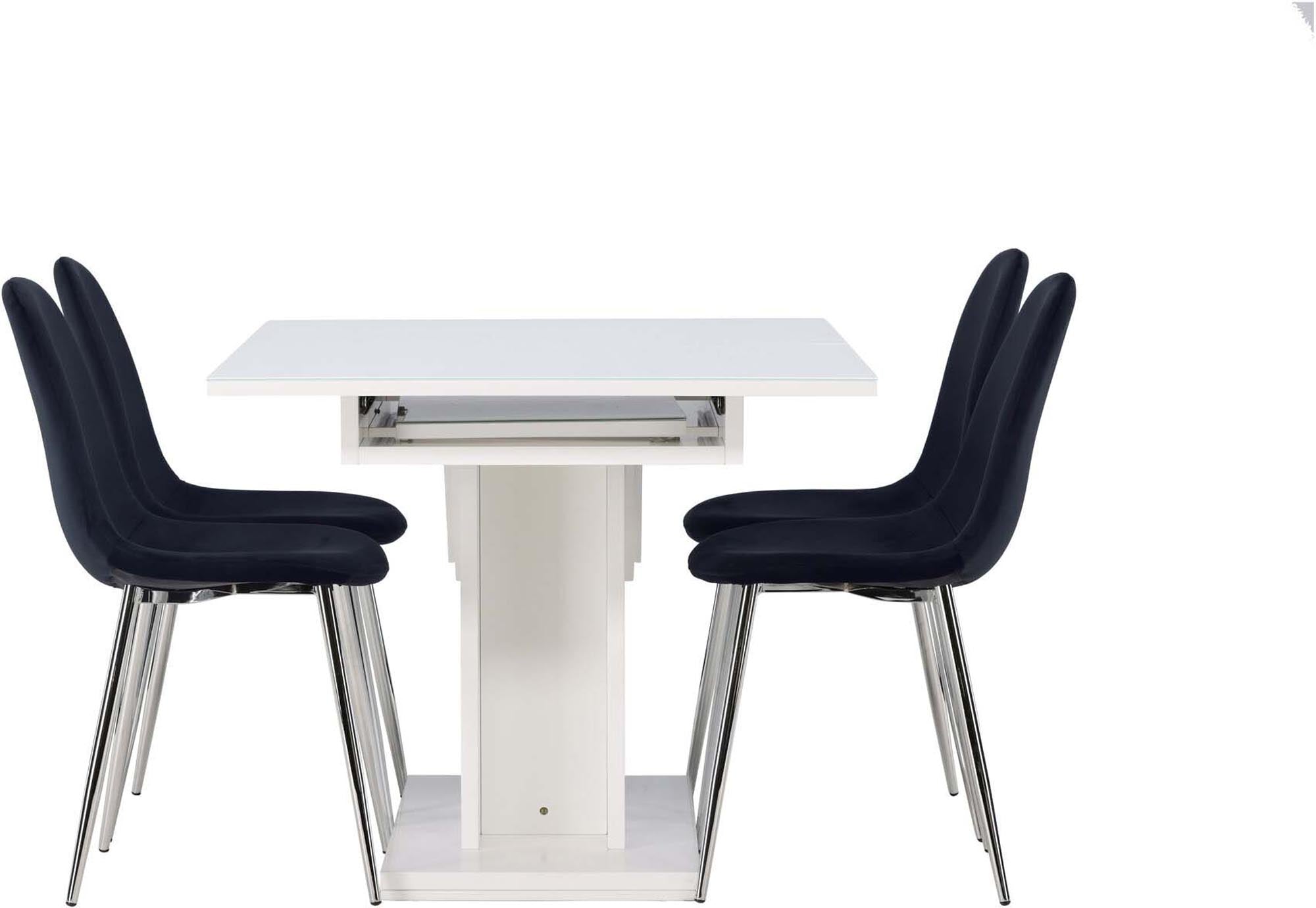 Elegantes Esszimmerset mit ausziehbarem Tisch und bequemen Samtstühlen. Perfekt für stilvolle Dinner und gesellige Zusammenkünfte.