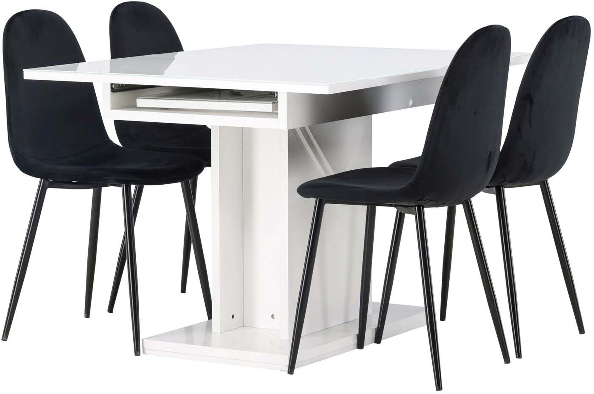 Pluto Esszimmerset: Eleganter, ausziehbarer Tisch aus MDF mit Glasoberfläche und komfortable Polar-Stühle für ein modernes Esszimmer.