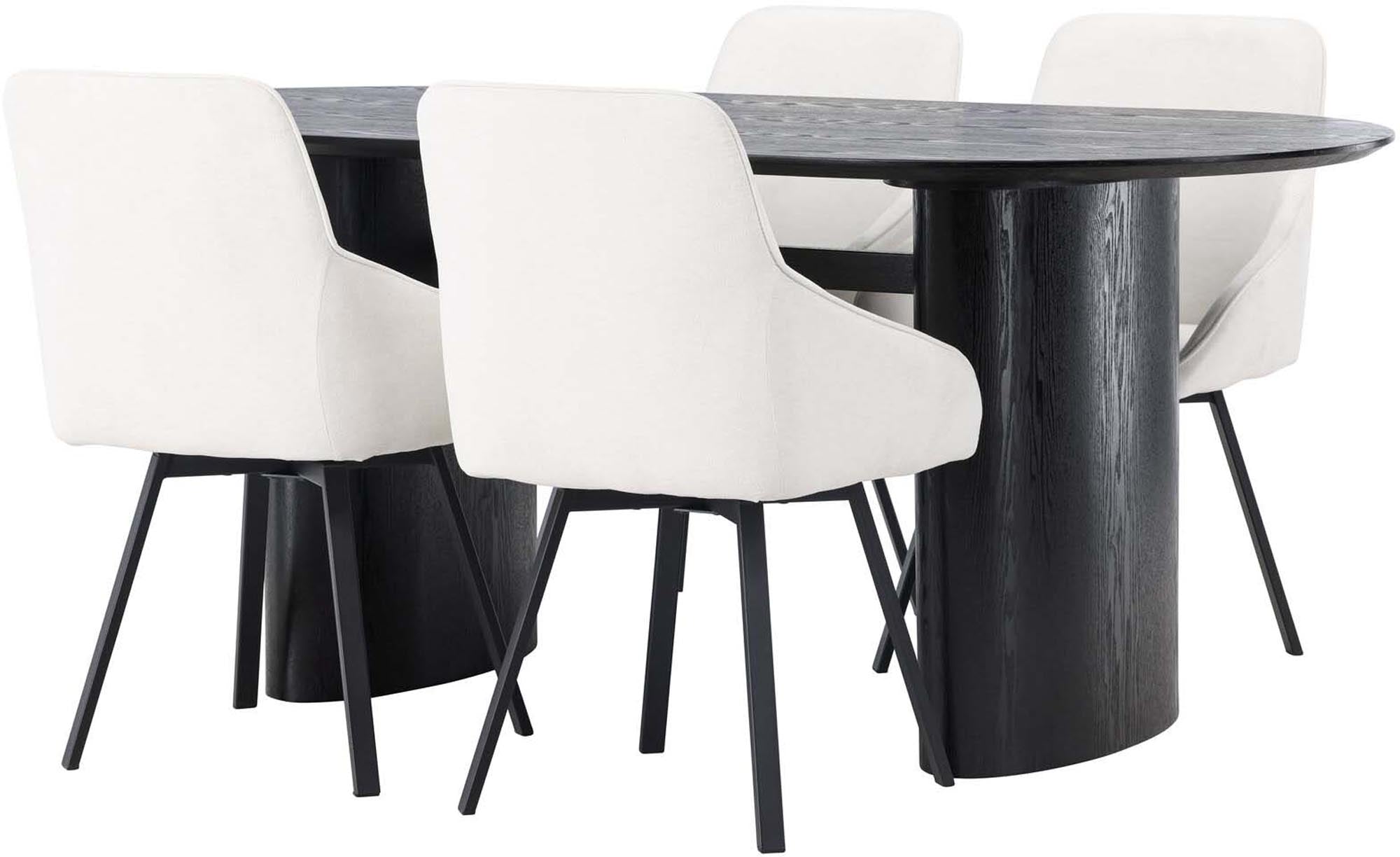 Erleben Sie das Isolde Esszimmerset + Rosie: Eleganter 180 cm Tisch und ergonomische Stühle im skandinavischen Design für stilvolle Essensrunden.