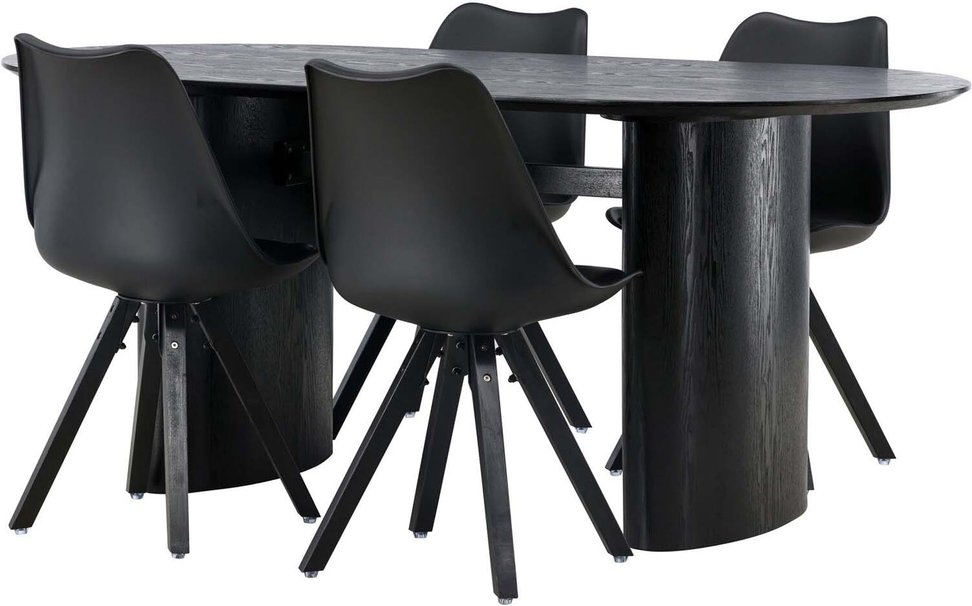 Elegantes Esszimmerset: Schwarzer ovaler Tisch, 4 komfortable Stühle, modernes Design, ideal für gesellige Runden.
