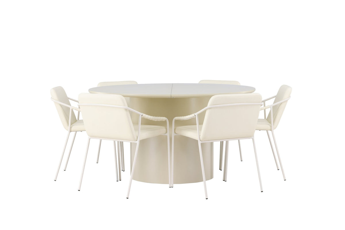 Esszimmerset Tvist & Sandvik: zwei Stühle mit beigem PU-Bezug und Eisenbeinen sowie runder MDF-Esstisch in Beige mit Ø140cm.