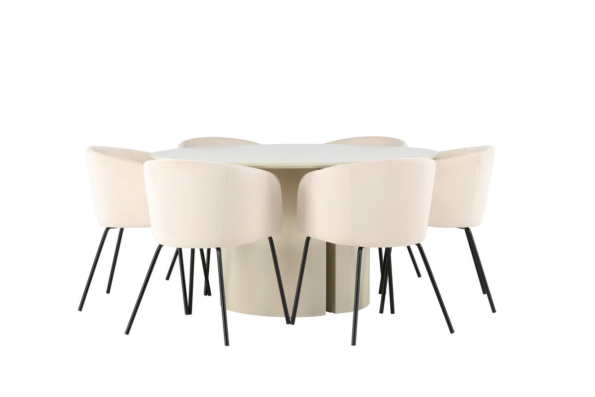 Rundes Esszimmerset in Beige: MDF-Esstisch mit 140 cm Durchmesser und gepolsterte Stühle mit Samt-Leinen-Bezug und schwarzen Metallbeinen.